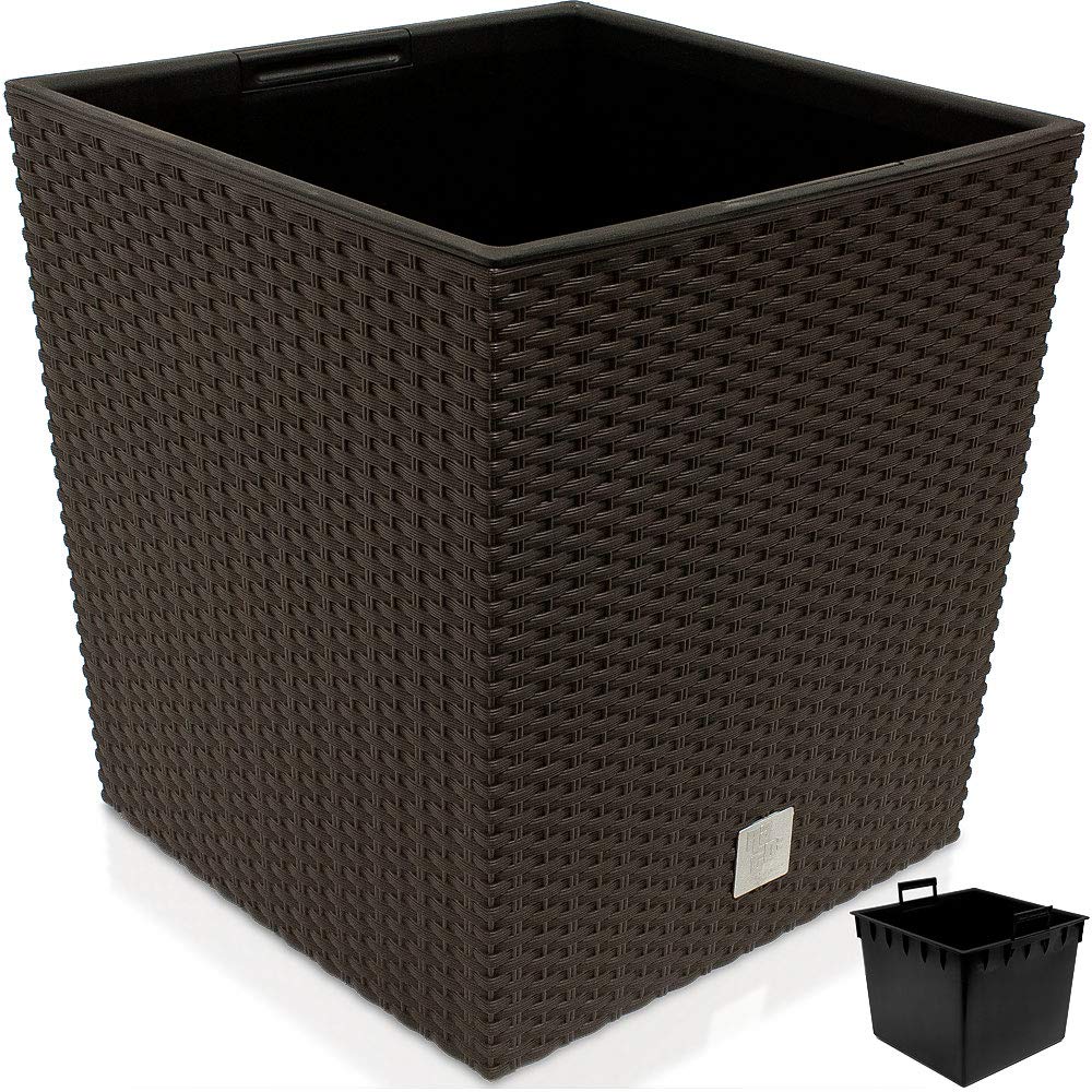 Deuba® 2-Pack 35L Square Flower Pots 32x32x33cm - Rattan Look Planters with Handles, Weatherproof Indoor/Outdoor Plant Box for Garden, Patio, Balcony Decor