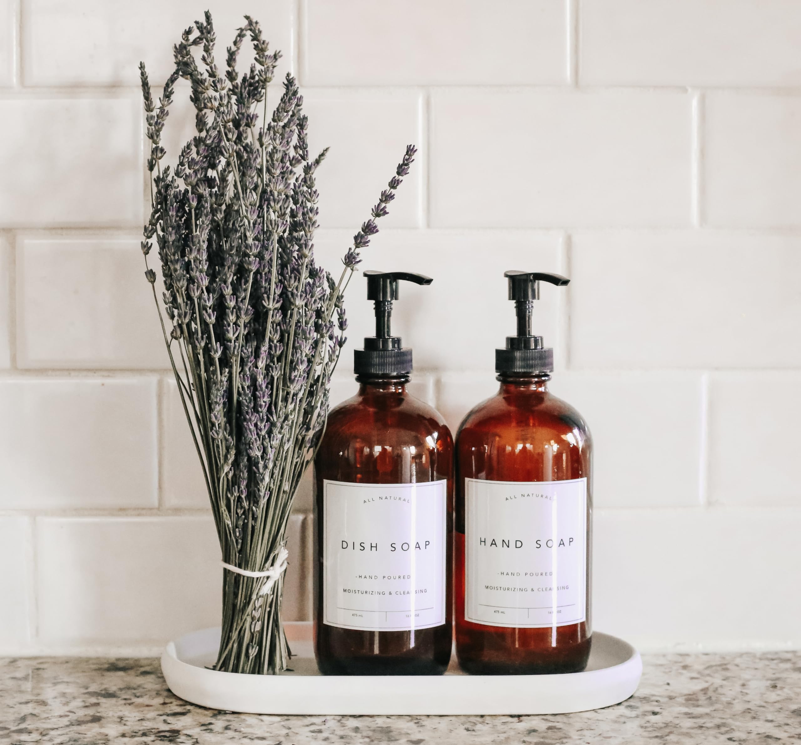 Modern Glass Hand & Dish Soap Dispenser Set - 2 Pack Amber Apothecary Style with Attached Labels | Elegant Kitchen Countertop Organizer for Bathroom, Kitchen Sink & Laundry Room