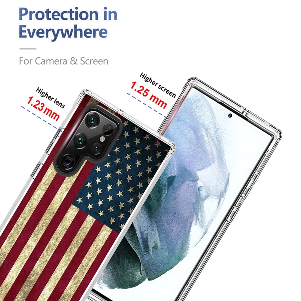 Premium Clear USA Flag Phone Case for Samsung Galaxy S22 Ultra 5G (SM-S908U) with Tempered Glass Screen Protector - Slim Protective Cover for Everyday Use, Travel & Outdoor Activities