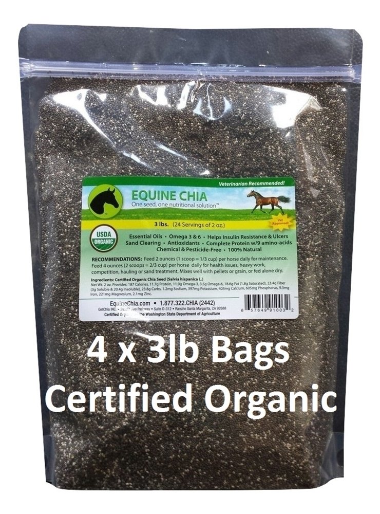 Organic Chia Seeds 12-Pound Bulk (4 x 3LB Bags) - Non-GMO, Gluten-Free Superfood for Smoothies, Baking & Weight Loss - Equine Chia Brand USDA Certified
