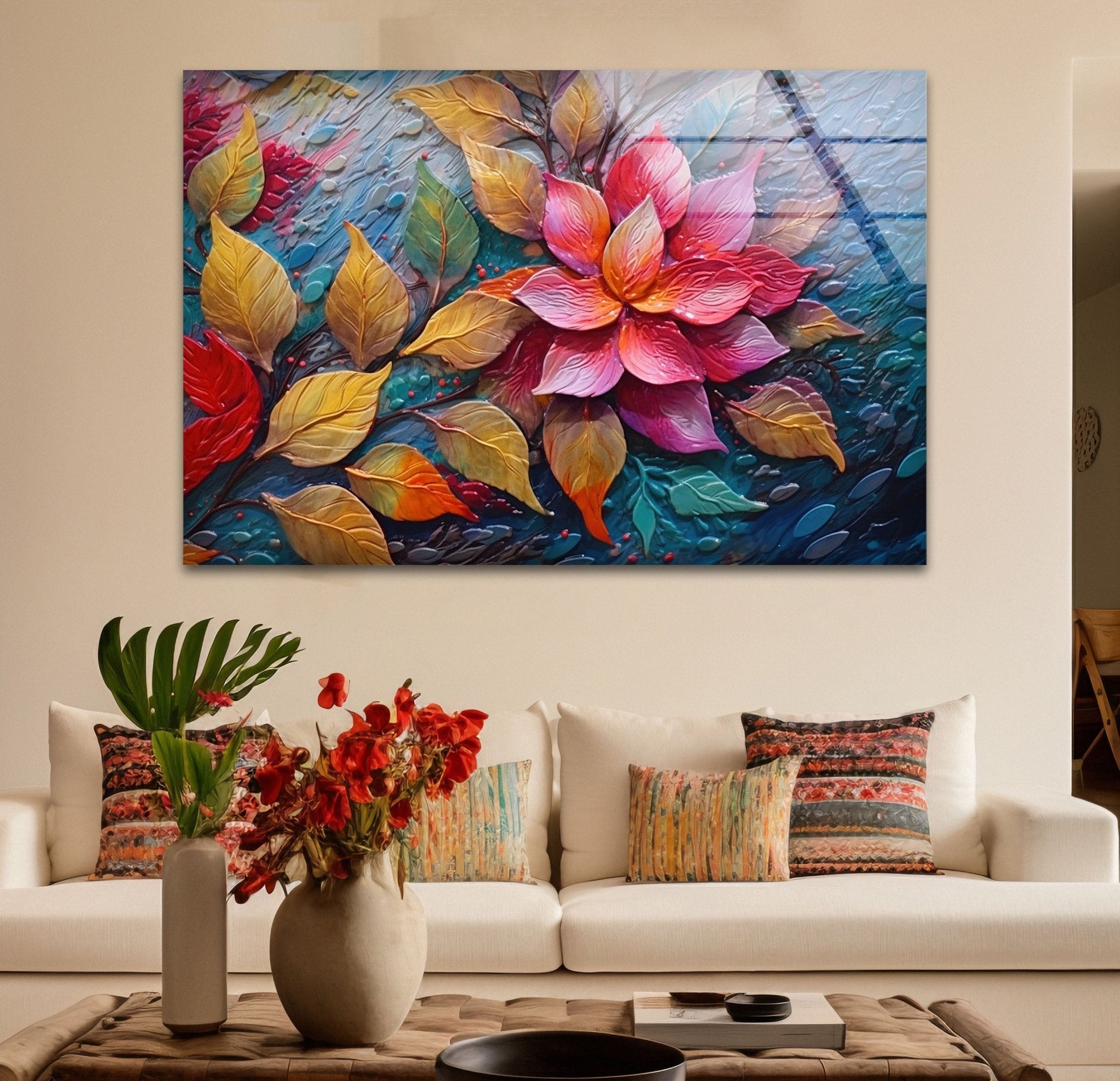 3D Vivid Pink Leafs Glass Wall Art - Modern Home Decor for Living Room, Bedroom & Office - Handmade Glass Leaf Mural with Stunning 3D Effect - Perfect Gift for Housewarming & Interior Design