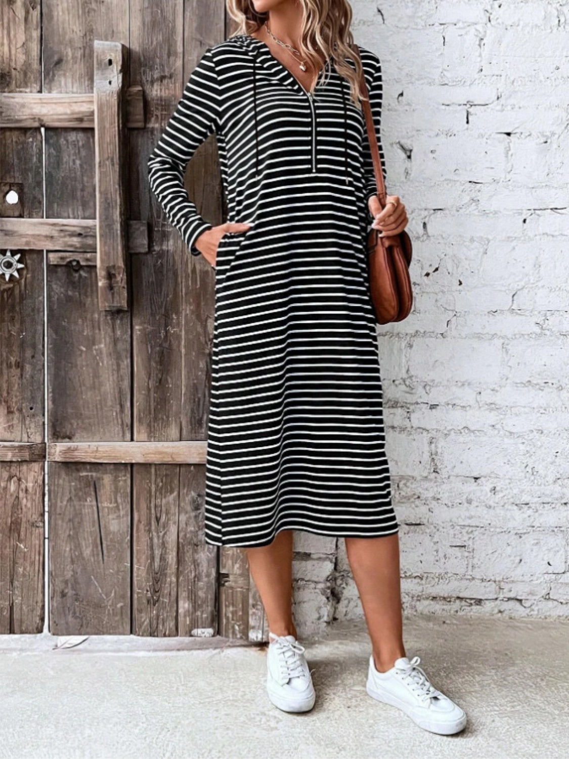 Striped Zip Front Hooded Dress for Women - Casual & Stylish Pullover Hoodie Dress for Everyday Wear, Outings, and Layering