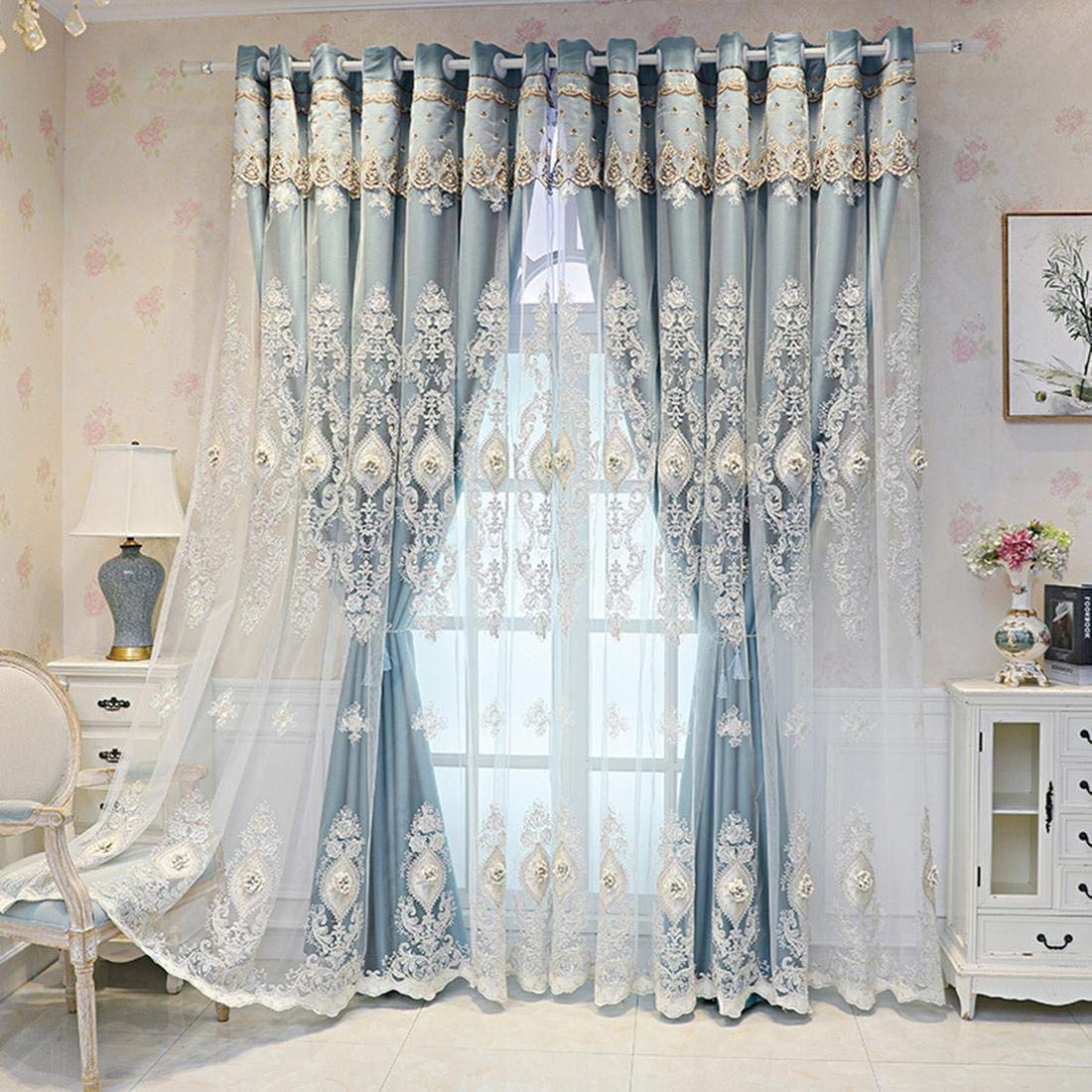 HYQW Double-Layer Blackout Embroidery Curtains - European Style Thickened Embroidered Window Treatments with 90% Light Blocking, 32.7M Length in Sea Blue - Perfect for Living Room & Bedroom Blackout Needs