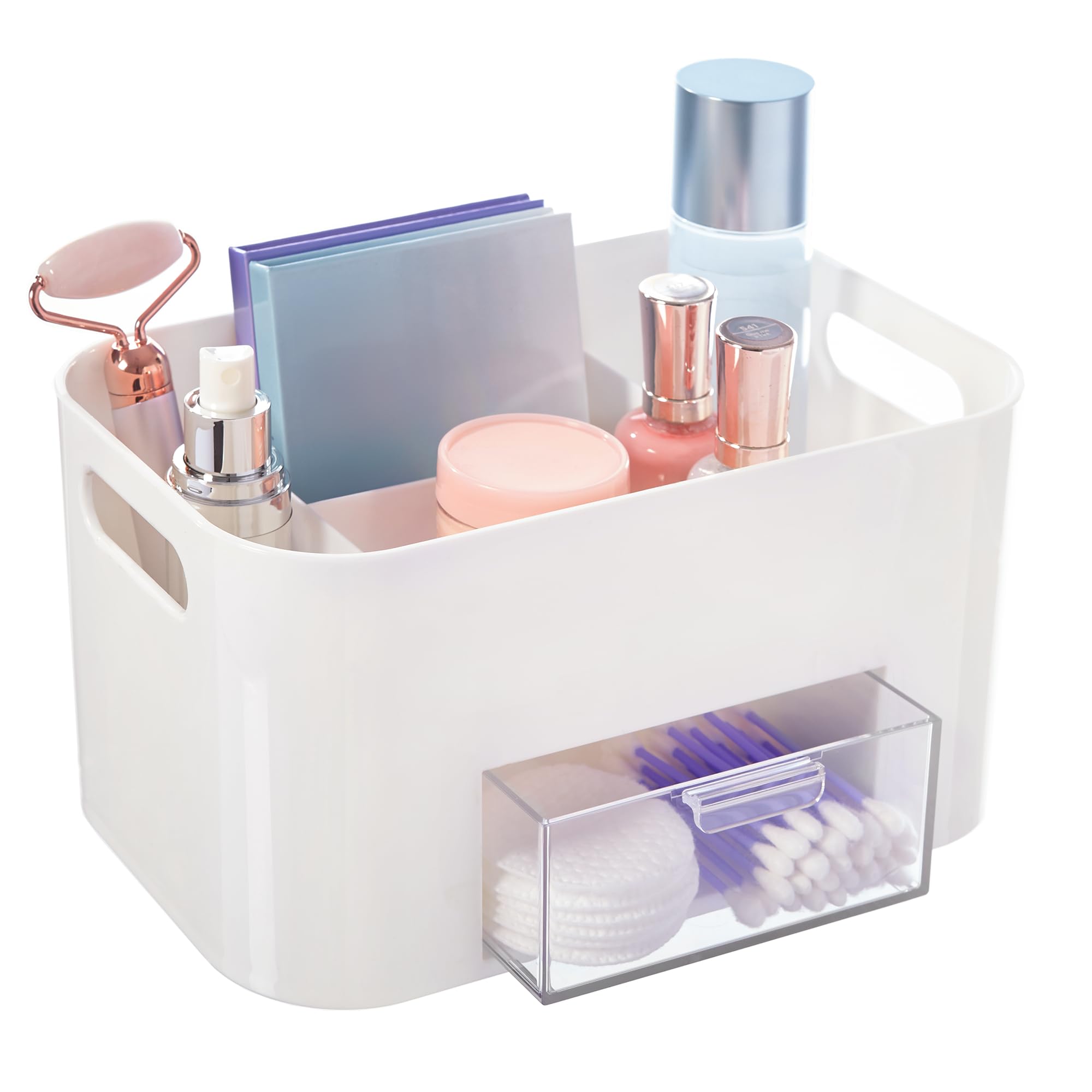 STORi Bliss White Makeup Organizer - Countertop Cosmetic Storage with Divided Drawers & Brush Holder | Nail Polish Organizer | Made in USA | Perfect for Vanity, Bathroom & Travel Beauty Organization