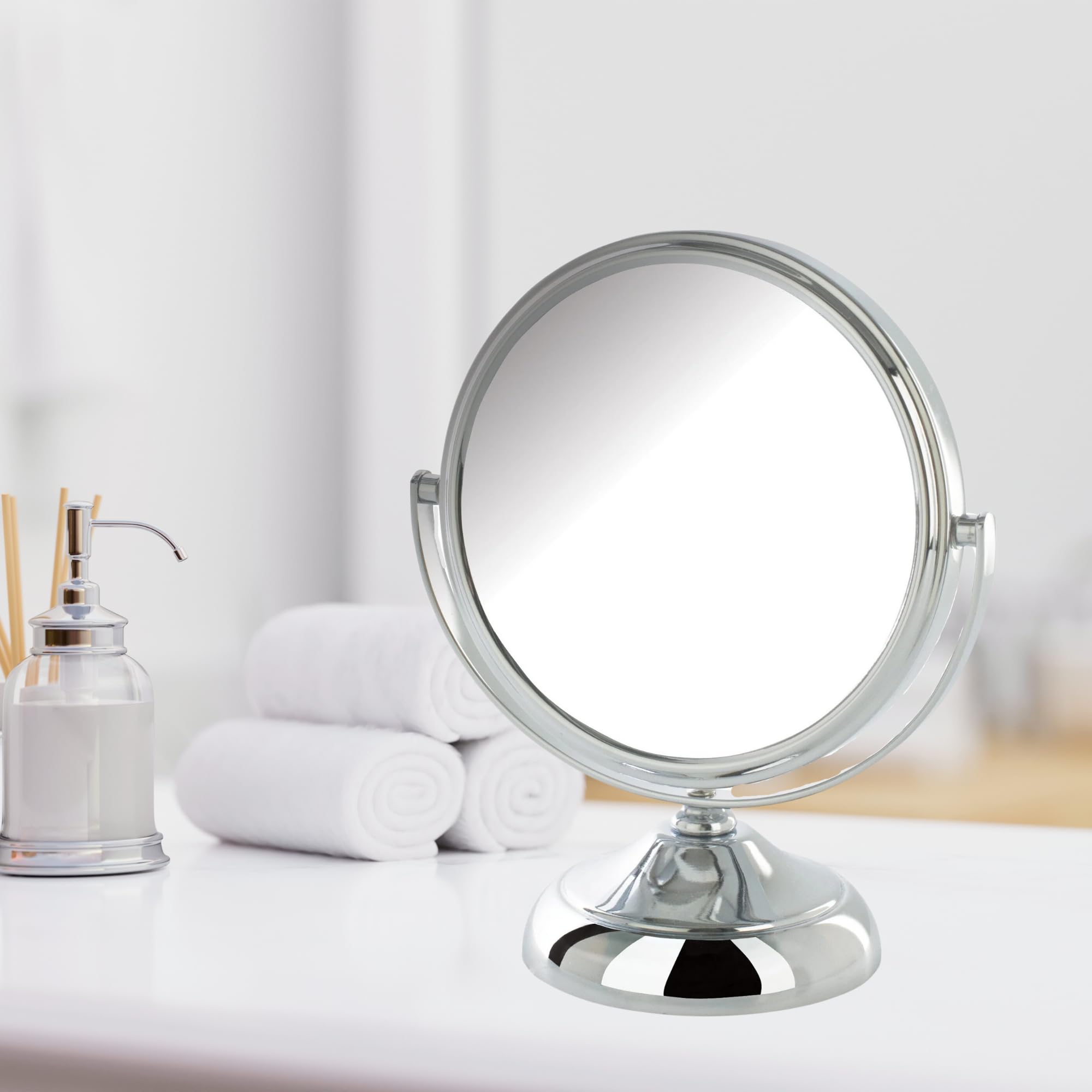 Model's Choice JERDON Tabletop Vanity Makeup Mirror with Chrome Finish – 5.5” Diameter Mirror with 5X-1X Magnification – Perfect for Home Makeup, Salon, and Travel Use – Model MC247C