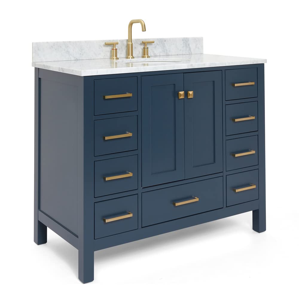 ARIEL Cambridge 43 Inch Blue Bathroom Vanity with Carrara Marble Top & Oval Sink - Solid Wood Midnight Blue Base Cabinet with 2 Soft-Closing Doors & 9 Drawers - Perfect for Modern Bathroom Renovation & Small Space Design