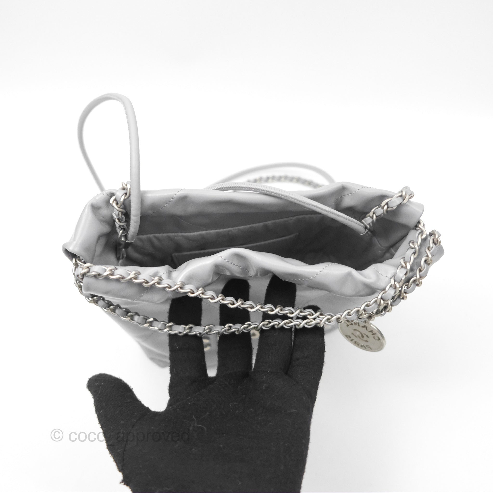 Chanel 22 Mini Bag Light Grey Shiny Crumpled Calfskin with Matte Silver Hardware - Luxury Crossbody Purse for Women, Perfect for Date Night & Evening Events