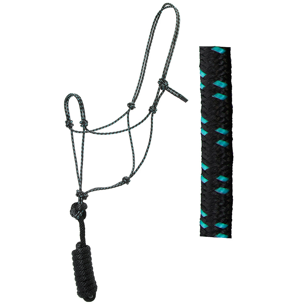 8 Ft Hilason Horse Halter - Knotted Basic Poly Rope Lead with Black & Turquoise Design for Training, Grooming, and Trail Riding