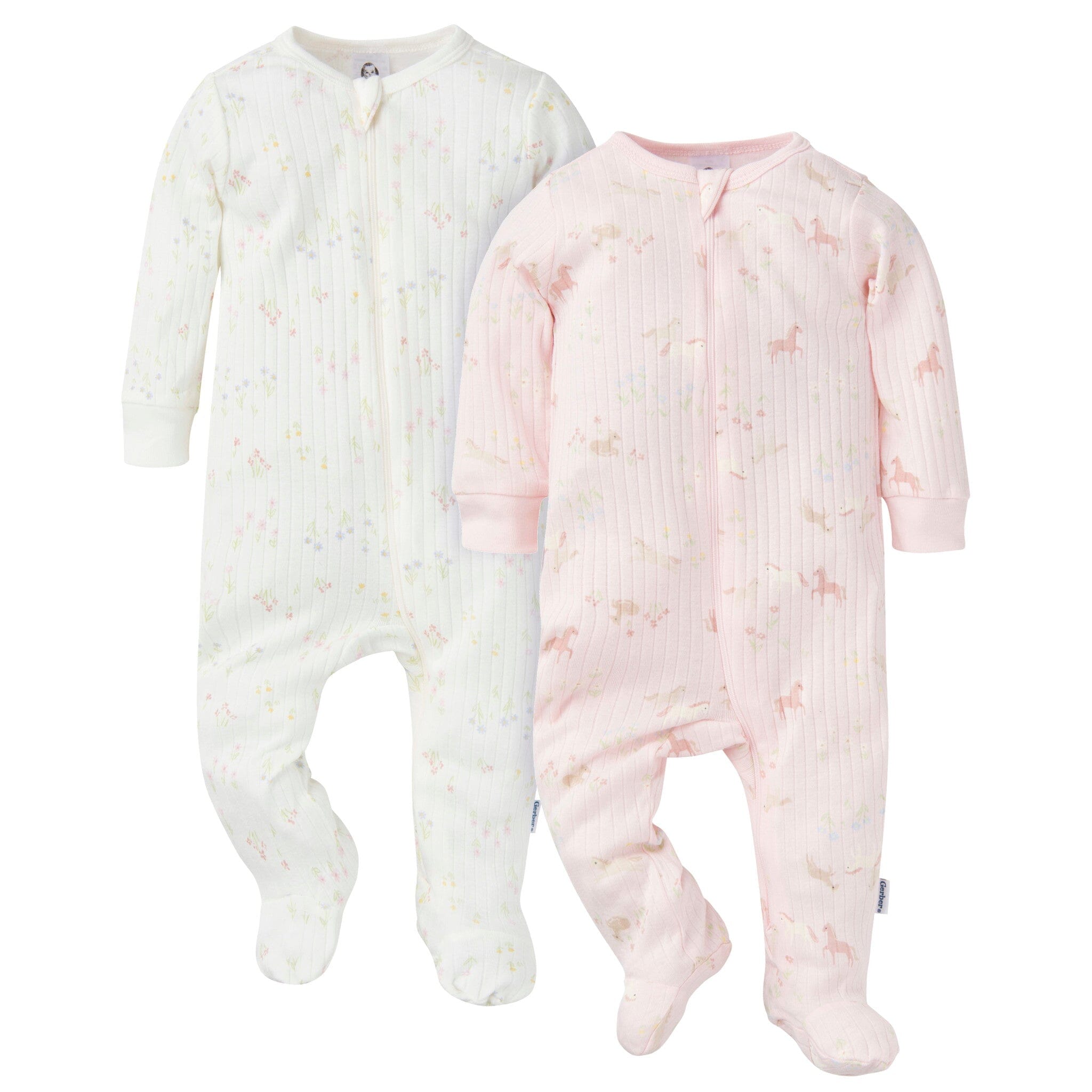 2 Pack Baby Girls Pony Print Sleep 'N Play Rompers - Soft Cotton Footed Pajamas for Newborn & Infant - Perfect for Nursery, Bedtime & Playtime