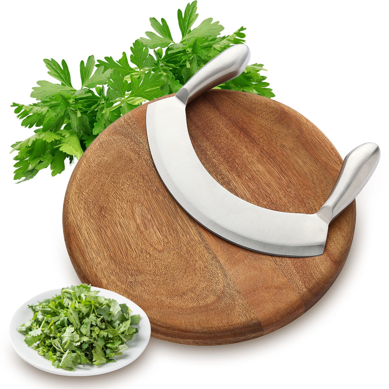 8.7 Inch Stainless Steel Mezzaluna Knife - Professional Salad Chopper, Pizza Cutter & Vegetable Mincing Knife with Curved Blade & Double Handle - Perfect for Kitchen Prep, Pizza Making & Herb Chopping