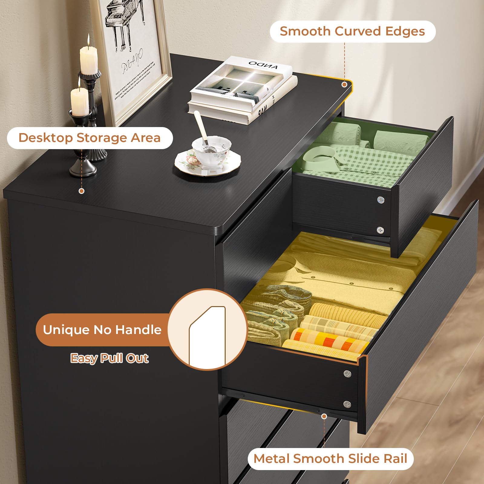 Modern Black Tall Dresser for Bedroom - 8-Drawer Wooden Storage Cabinet & Closet Organizer (59.6