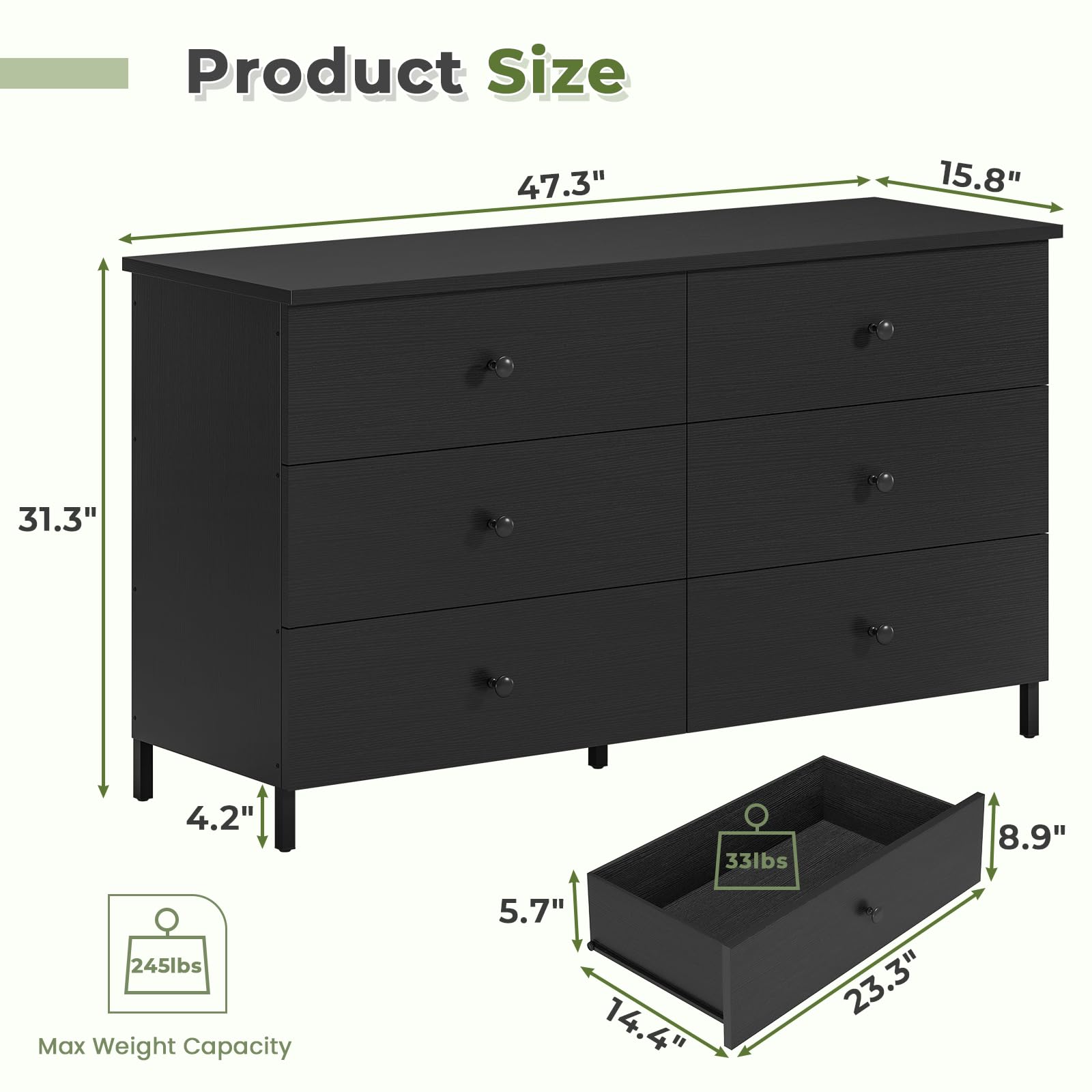 Hasuit 6-Drawer Double Dresser - Solid Wood Chest with Heavy Duty Steel Frame - Large Capacity Storage Organizer for Bedroom, Living Room & Entryway - Perfect for Clothes, Linens, and Home Organization