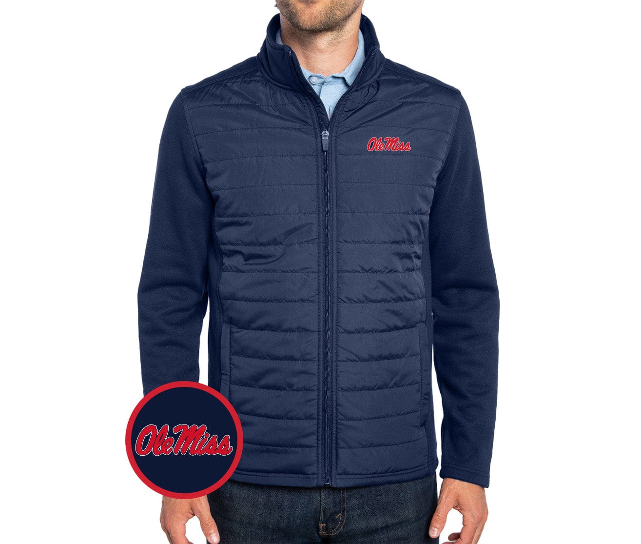 Ole Miss Hybrid Puffer Jacket - Navy Blue Horizontal Design for Men & Women | Warm Winter Coat for Outdoor Activities & College Sports