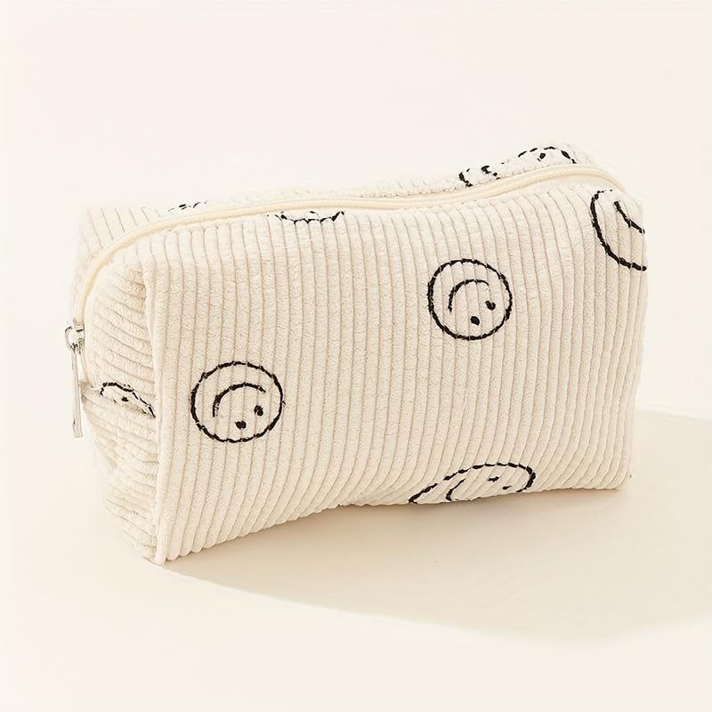 Street27® 2-Piece Corduroy Makeup Bag Set - Cute Smiley Face Cosmetic Pouch & Travel Toiletry Organizer for Women (25x18cm) | Perfect for Makeup Brushes Storage, Travel Essentials & Aesthetic Vanity Organization