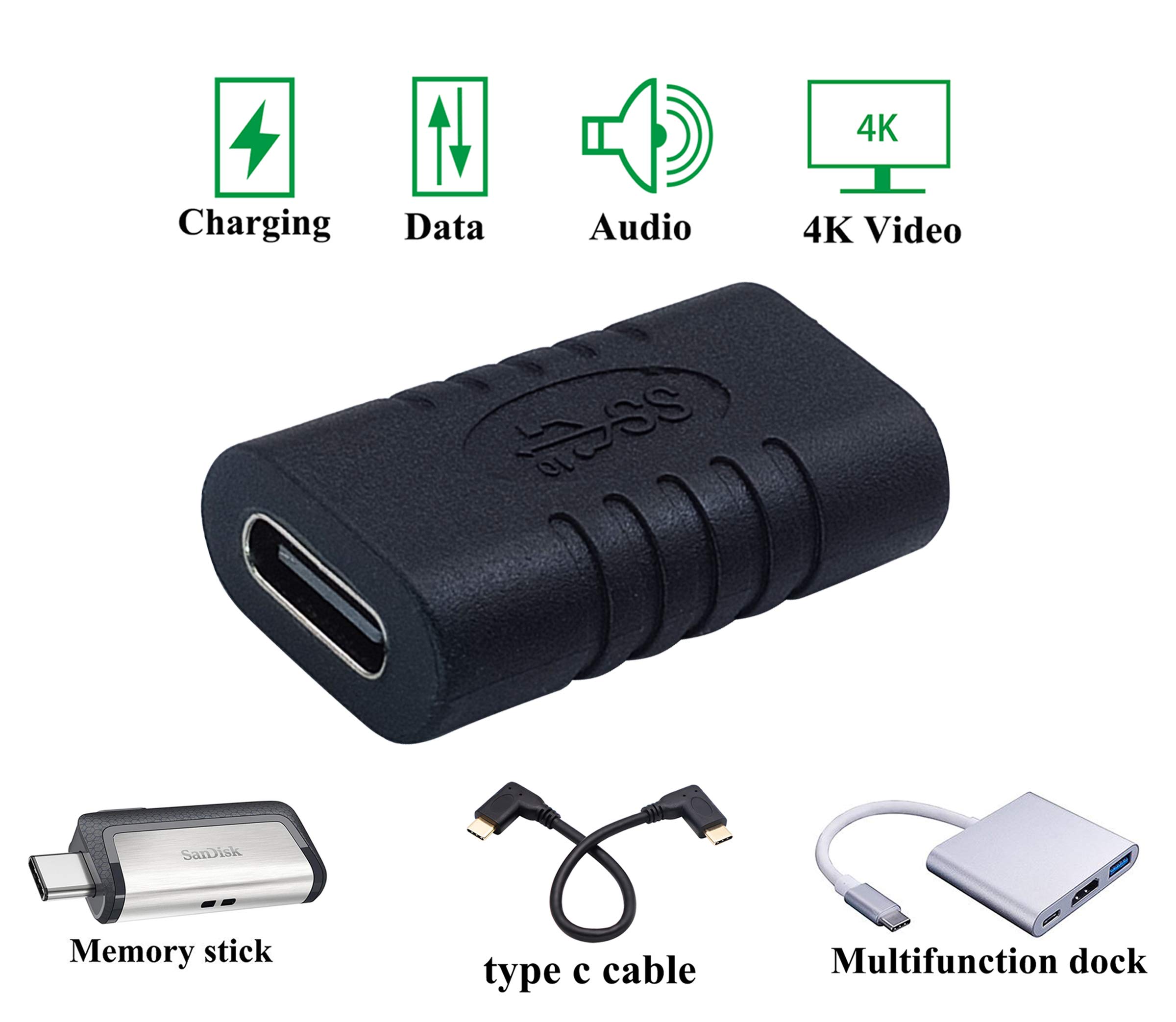 USB-C Female to Female Extension Adapter 10Gbps USB 3.1 Gen 2 (2-Pack) - Fast Charging & Data Transfer for MacBook, Laptop, Phone - Supports Audio/Video - Perfect for Home Office & Travel Accessories