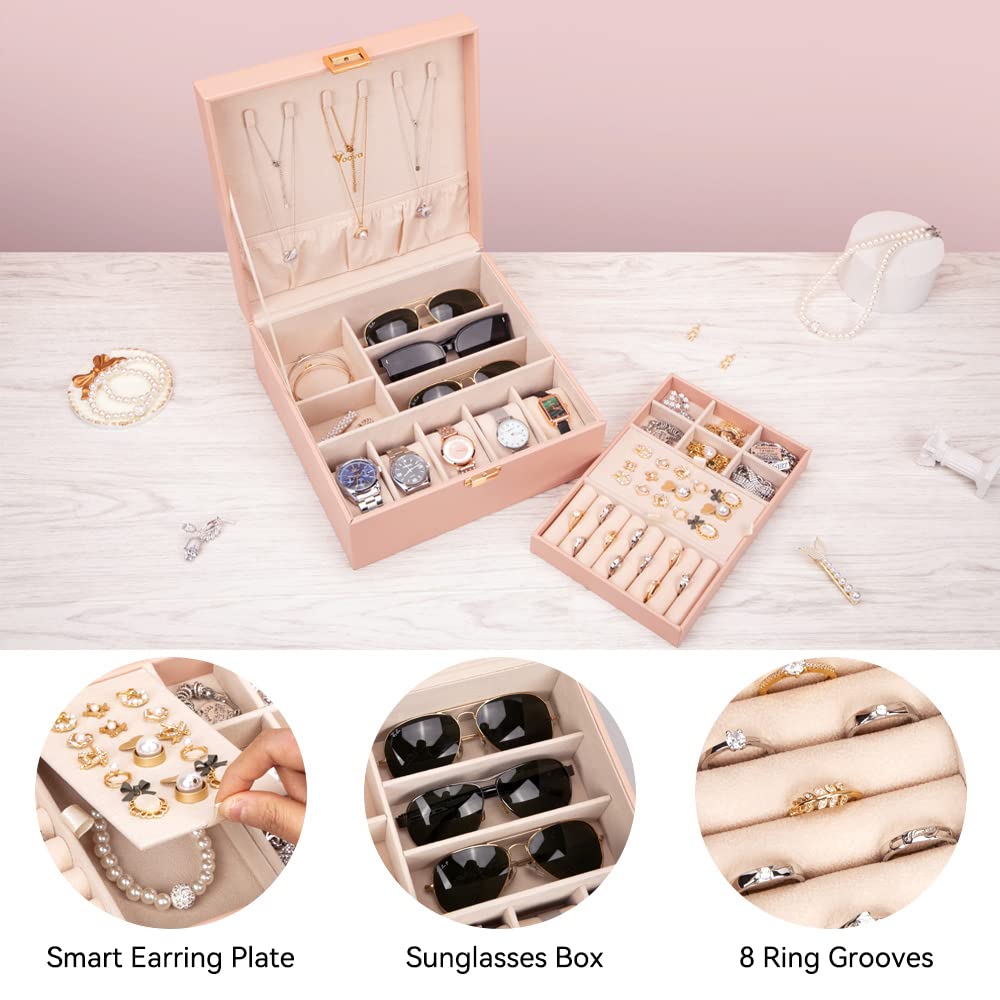 Voova 2-Layer Large Jewelry Box Organizer for Women - PU Leather Watch & Sunglasses Storage Case with Removable Tray - Holds Rings, Earrings, Necklaces (Pink) | Perfect for Travel, Home Vanity & Gift Giving