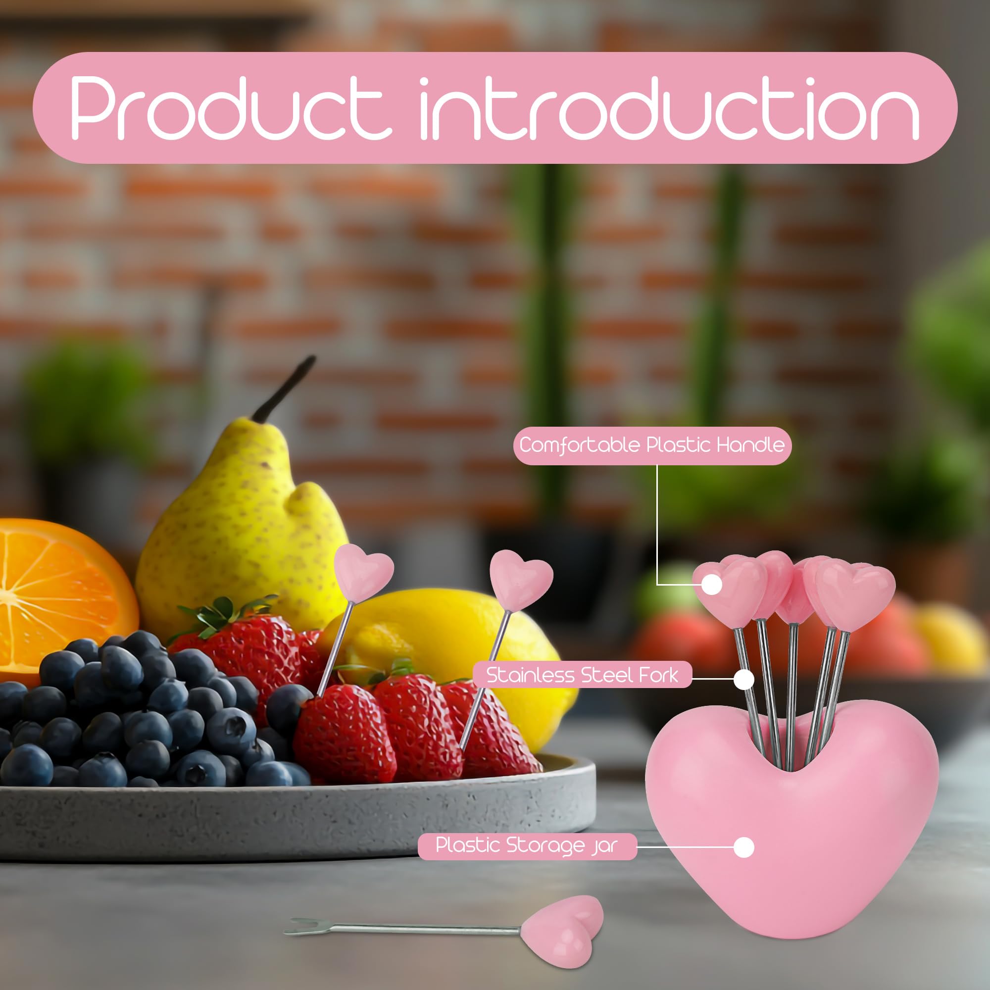 5-Piece Stainless Steel Heart-Shaped Fruit Forks Set with Holder - Perfect for Cake, Dessert, Fruit Platter, Sweet Food Picks - Ideal for Weddings, Parties, and Home Entertaining (Pink)