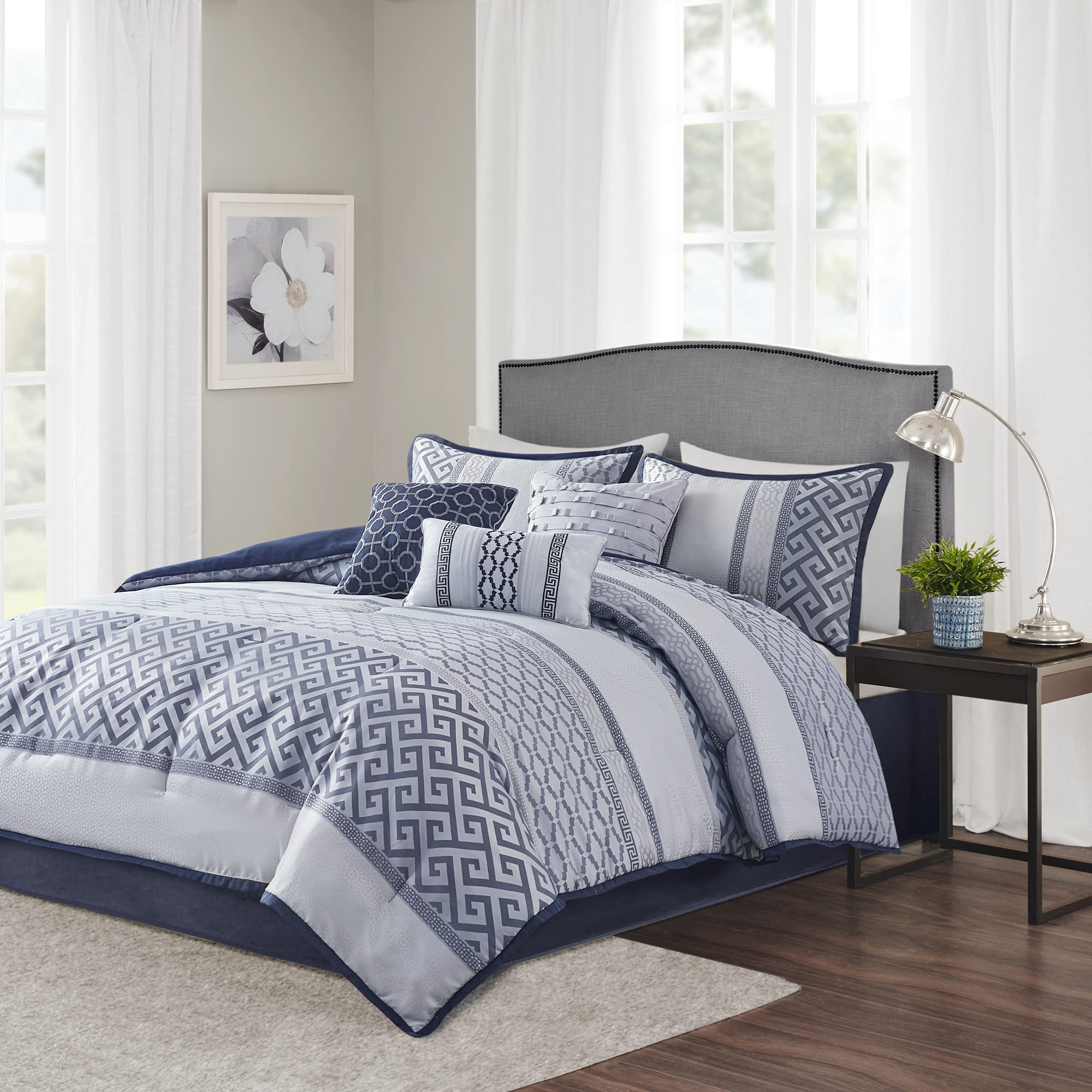 Madison Park Luxury Comforter Set - Traditional Jacquard Design All Season Down Alternative Bedding | 7-Piece Set with Matching Bedskirt & Decorative Pillows | Cal King (104x92 inches) | Geometric Navy Blue | Perfect for Master Bedroom, Guest Room & Luxury Hotel Decor