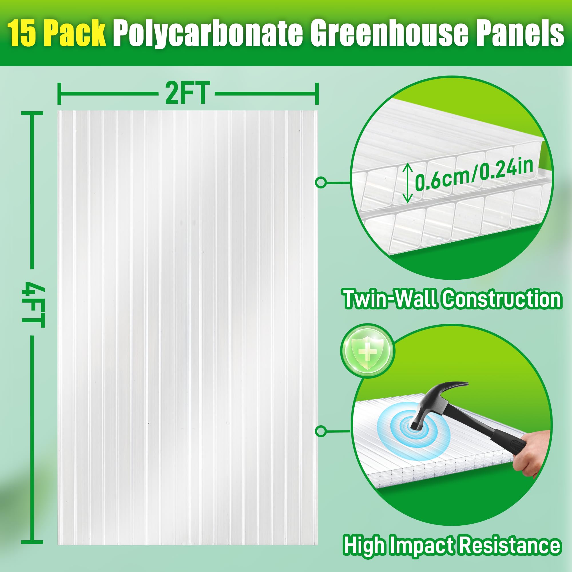 15 Pack 4' x 2' x 0.24'' Twin-Wall Polycarbonate Greenhouse Panels - Durable Clear Roof Replacement Sheets for All Weather Protection - Perfect for DIY Greenhouses, Sheds & Garden Structures