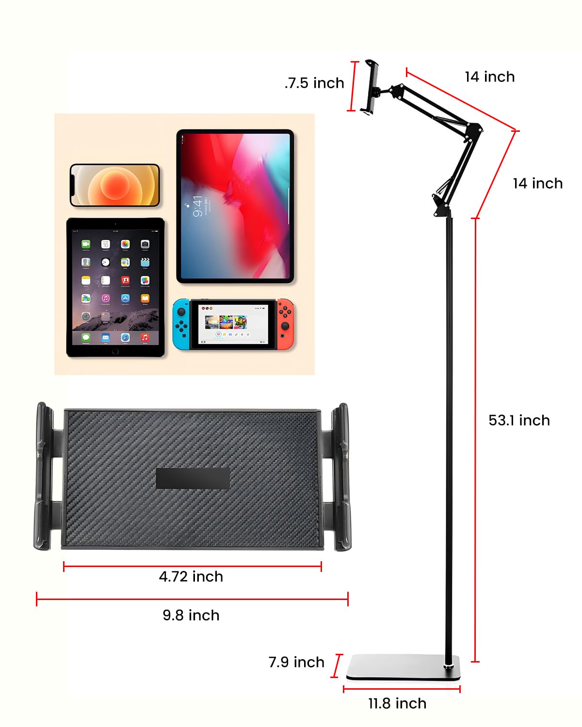Adjustable iPad Stand with Swivel Arm for iPad Mini/Air/Pro & Phones - Home & Office Use