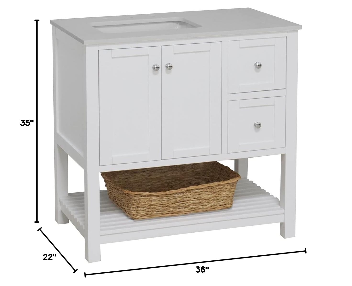 36-inch Bathroom Vanity with White Cabinet, Engineered White Countertop & Ceramic Sink - Modern Bathroom Storage Solution for Small Spaces, Apartments & Guest Bathrooms