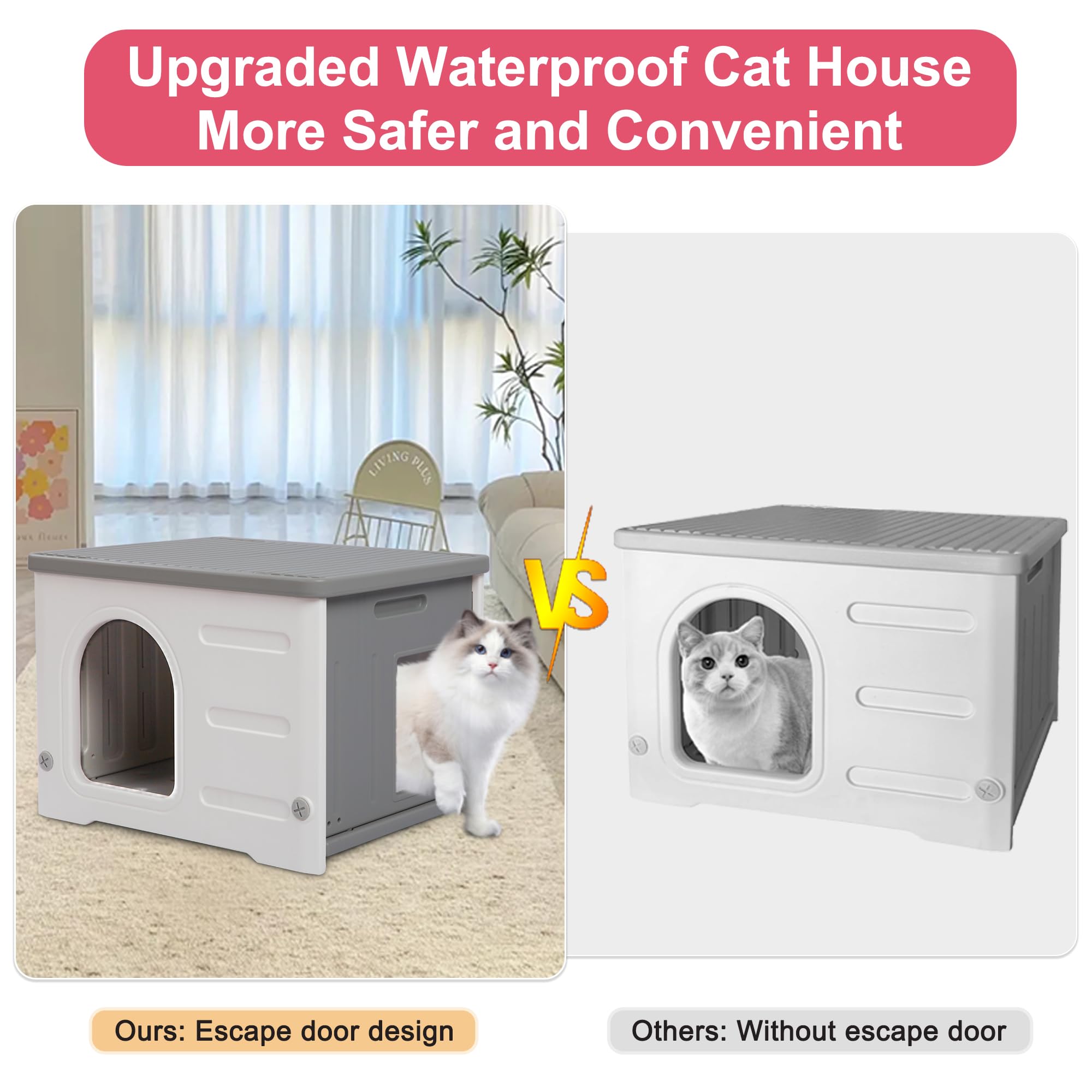 Rockever Waterproof Outdoor Cat House with Escape Door & Bed Mat - Sturdy Indoor/Outdoor Shelter for Feral Cats, Easy Assembly (Grey) - Perfect for Backyard, Garden & Winter Protection