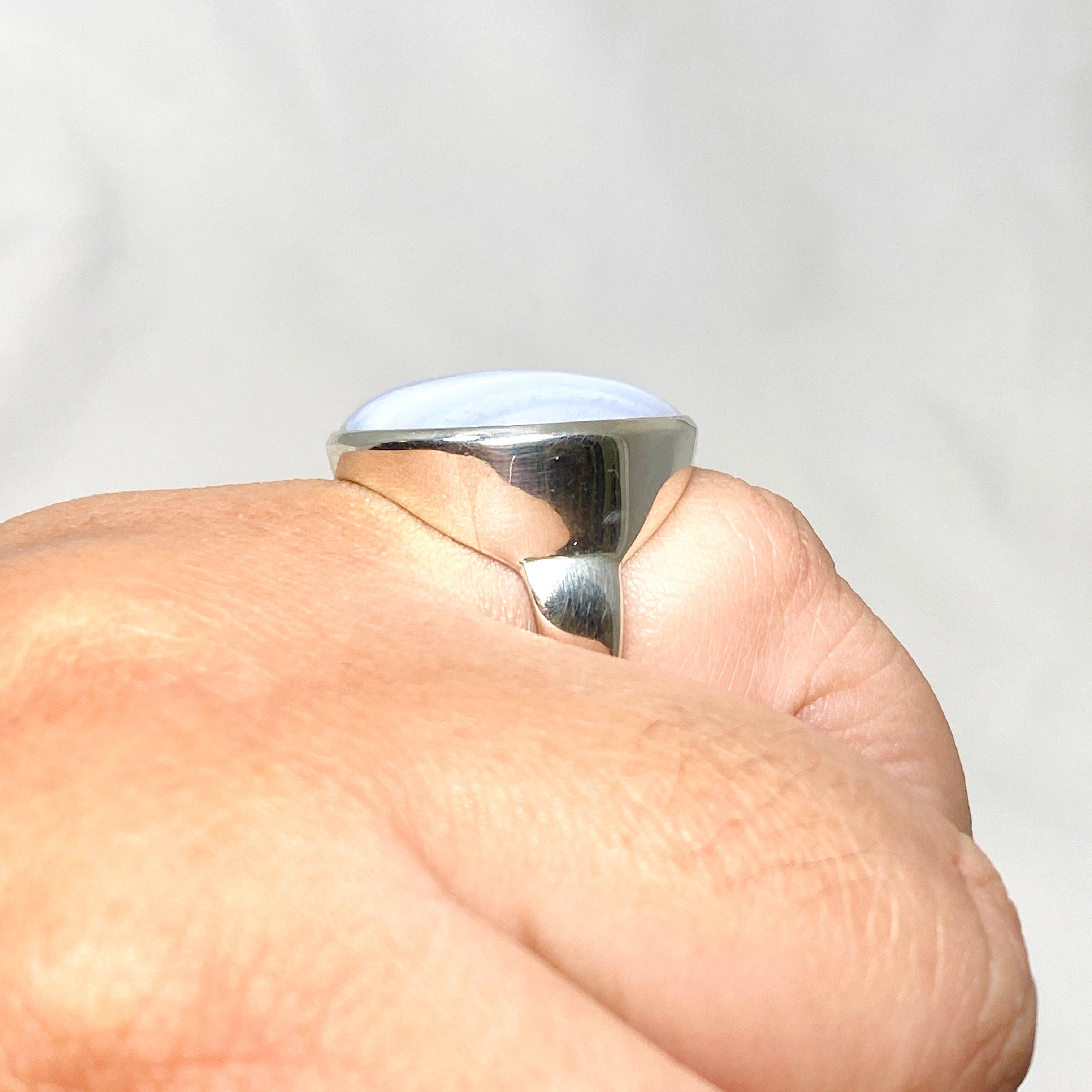 Blue Lace Agate Sterling Silver Round Ring Size 10.5 - Elegant Boho Jewelry for Women, Perfect for Weddings, Parties & Everyday Wear