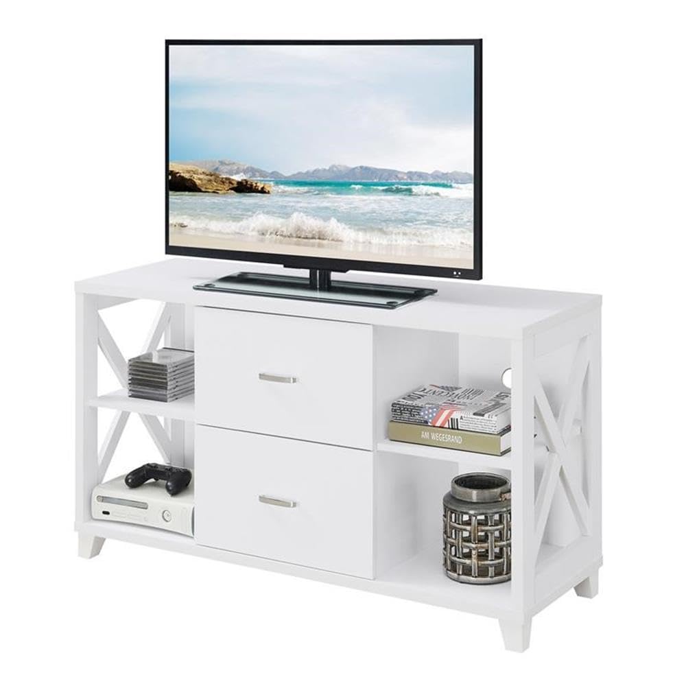Pemberly Row 47 Inch TV Stand Entertainment Center with 2 Drawers - White Modern TV Console for Living Room, Bedroom & Home Theater Setup