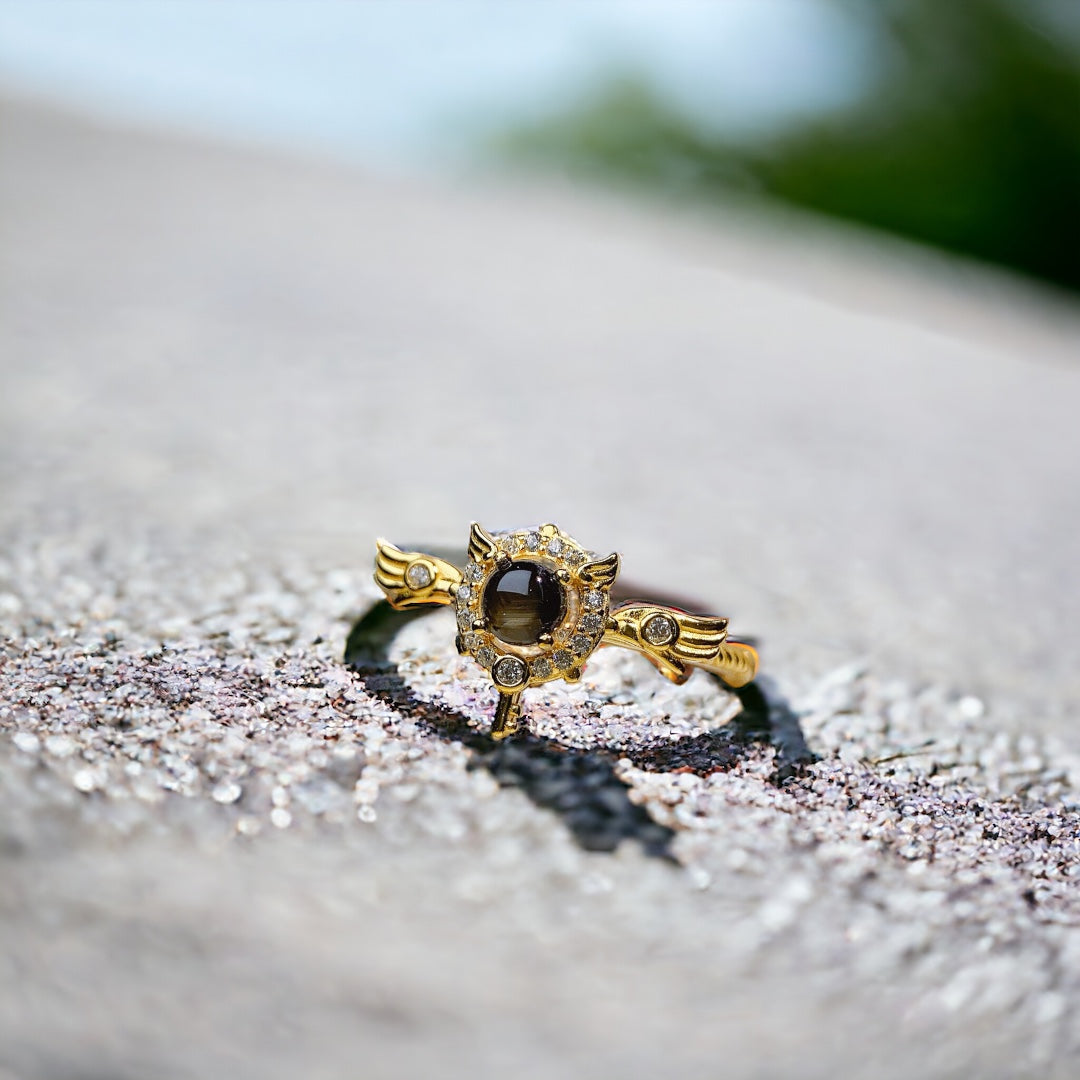 18K Gold Angel Wings Black Star Sapphire Ring for Women - Elegant Jewelry Gift for Birthday, Anniversary & Valentine's Day | NS2407