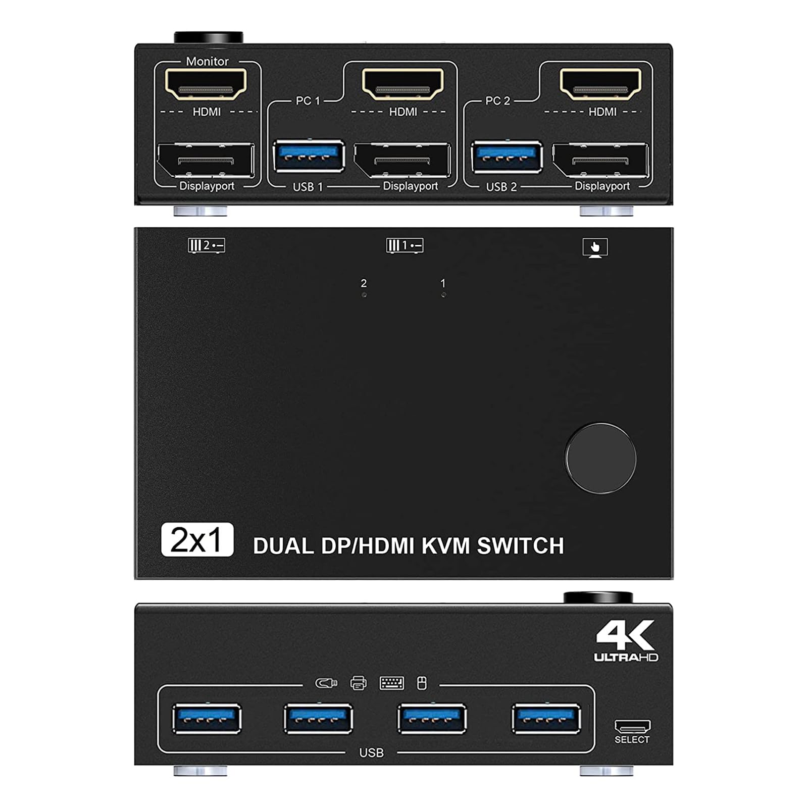 Glanhbnol 4K USB 3.0 KVM Switch - 2/4 Port HDMI KVM Switcher for Multiple Computers, Supports Keyboard Mouse Sharing, Ultra HD Resolution - Perfect for Home Office, Gaming & Multi-PC Workstations
