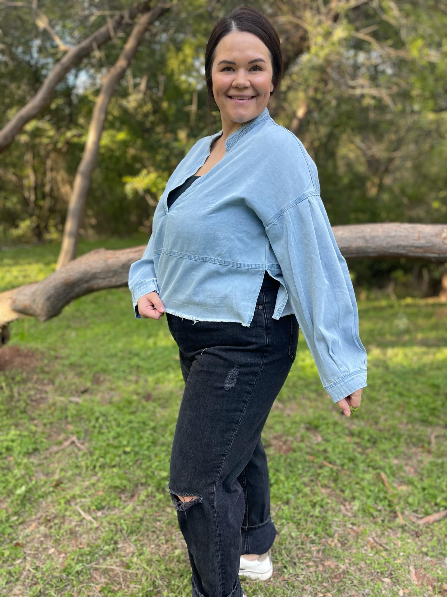PREORDER: Dylan Denim Blouse for Women - Stylish Button Down Shirt with Long Sleeves - Perfect for Casual Outfits, Office Wear & Date Nights