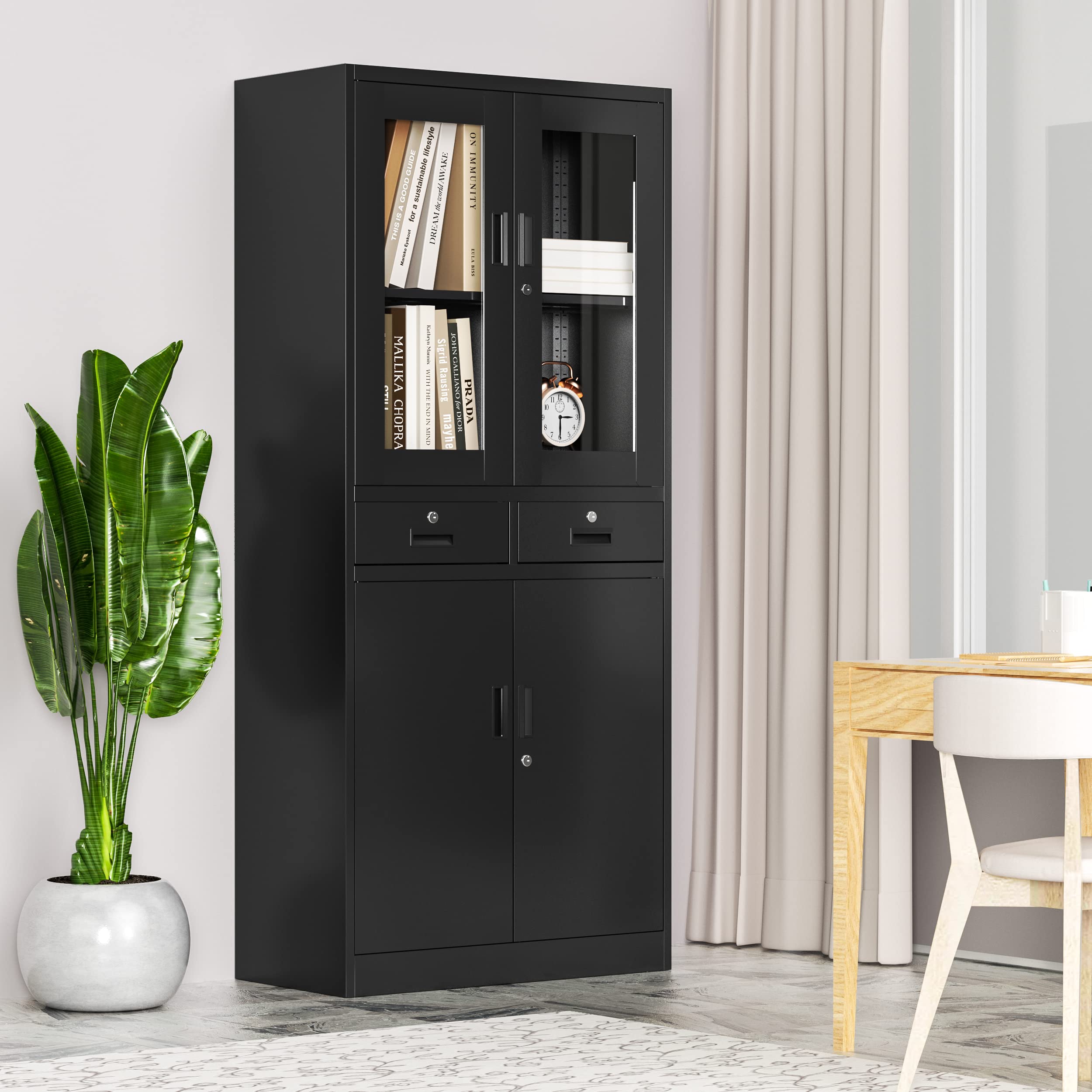 Black Glass Display Cabinet with Lockable Metal Drawers & 2 Adjustable Shelves - 71