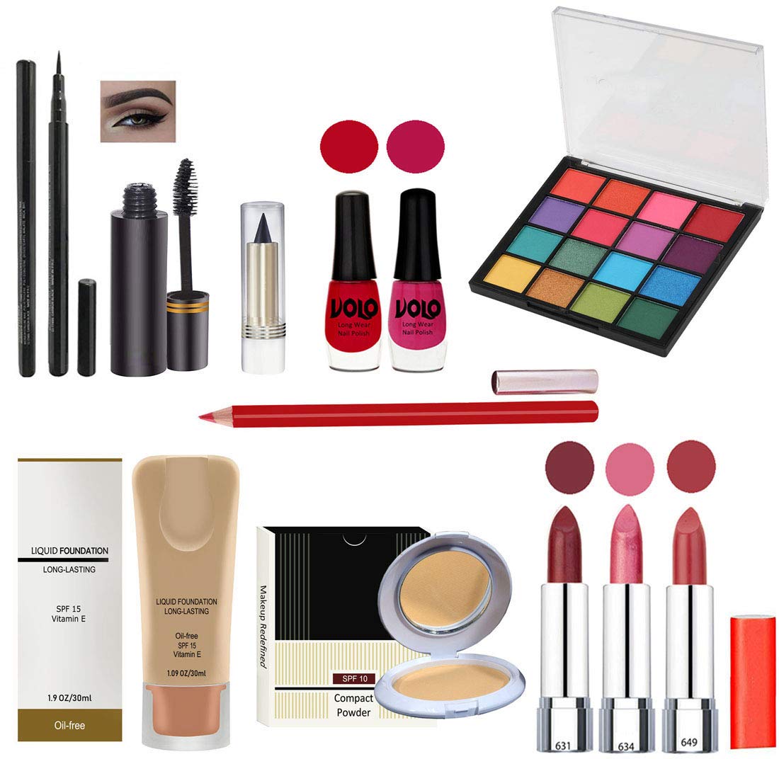 G4U Complete 12-Piece All-in-One Makeup Kit for Women - Includes 3 Lipsticks, Eyeliner, Mascara, Kajal, 2 Nail Polishes, 16-Color Eyeshadow Palette, Foundation, Compact Powder & Lipliner | Perfect for Travel, Bridal & Everyday Makeup Looks