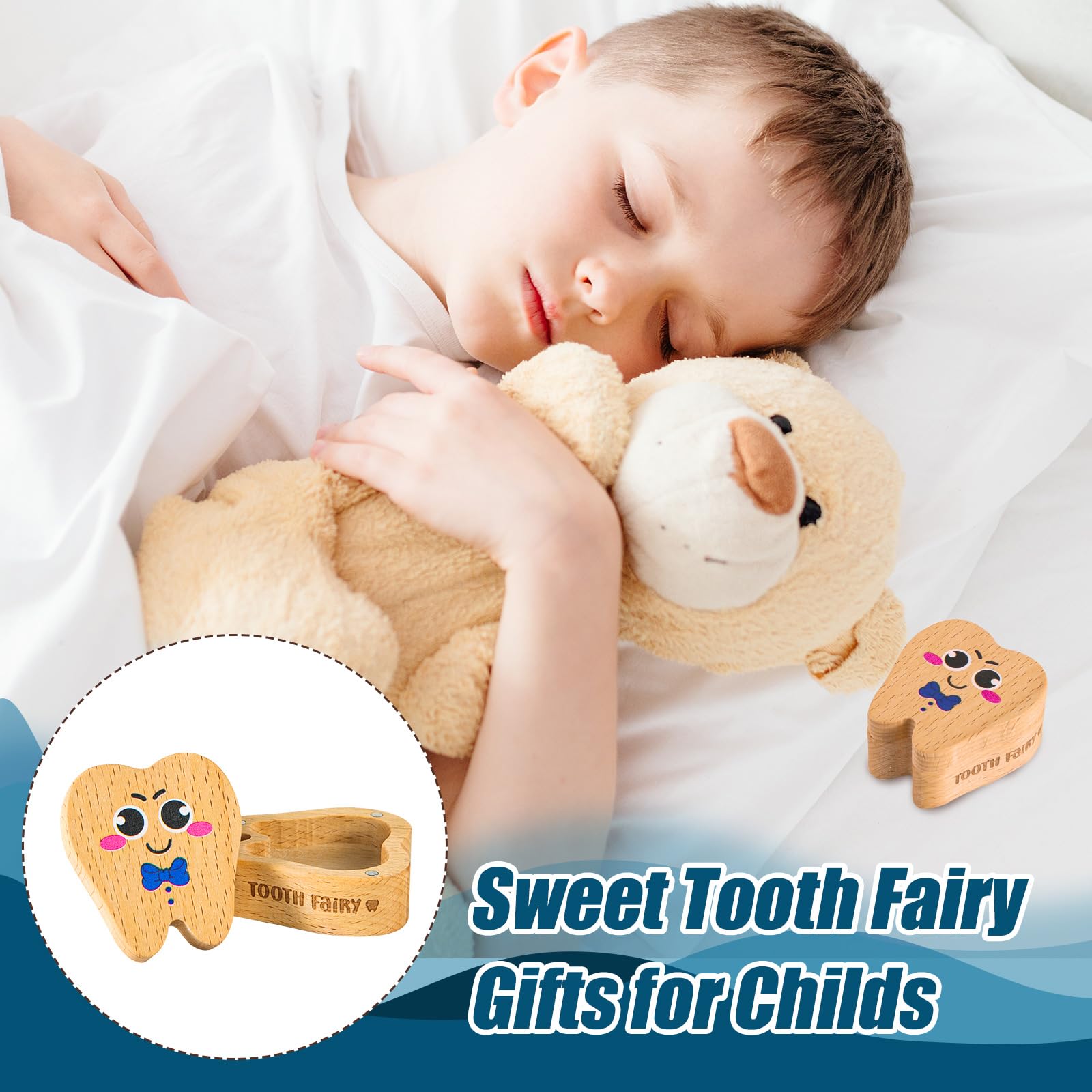 Wooden Tooth Fairy Keepsake Box with Magnetic Lid - First Tooth Storage, Cute Tooth-Shaped Gift for Lost Teeth (Engraved Bow Tie) - Perfect Baby Shower, Birthday & Milestone Souvenir for Boys & Girls