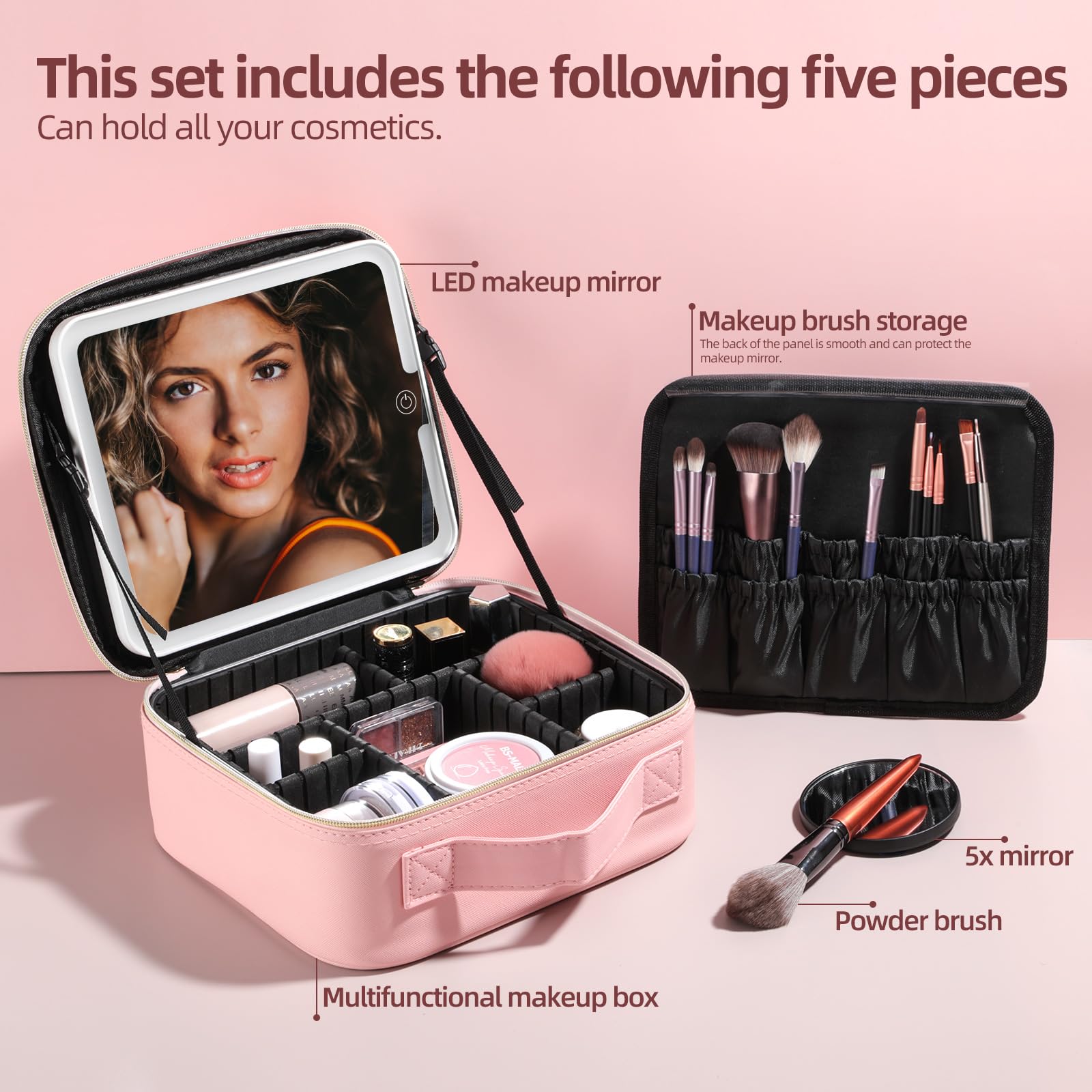 BS-MALL Professional Makeup Brush Holder with LED Mirror - Portable Cosmetic Organizer Bag for Travel, Pink (Ideal for Makeup Artists & On-the-Go Touch Ups)