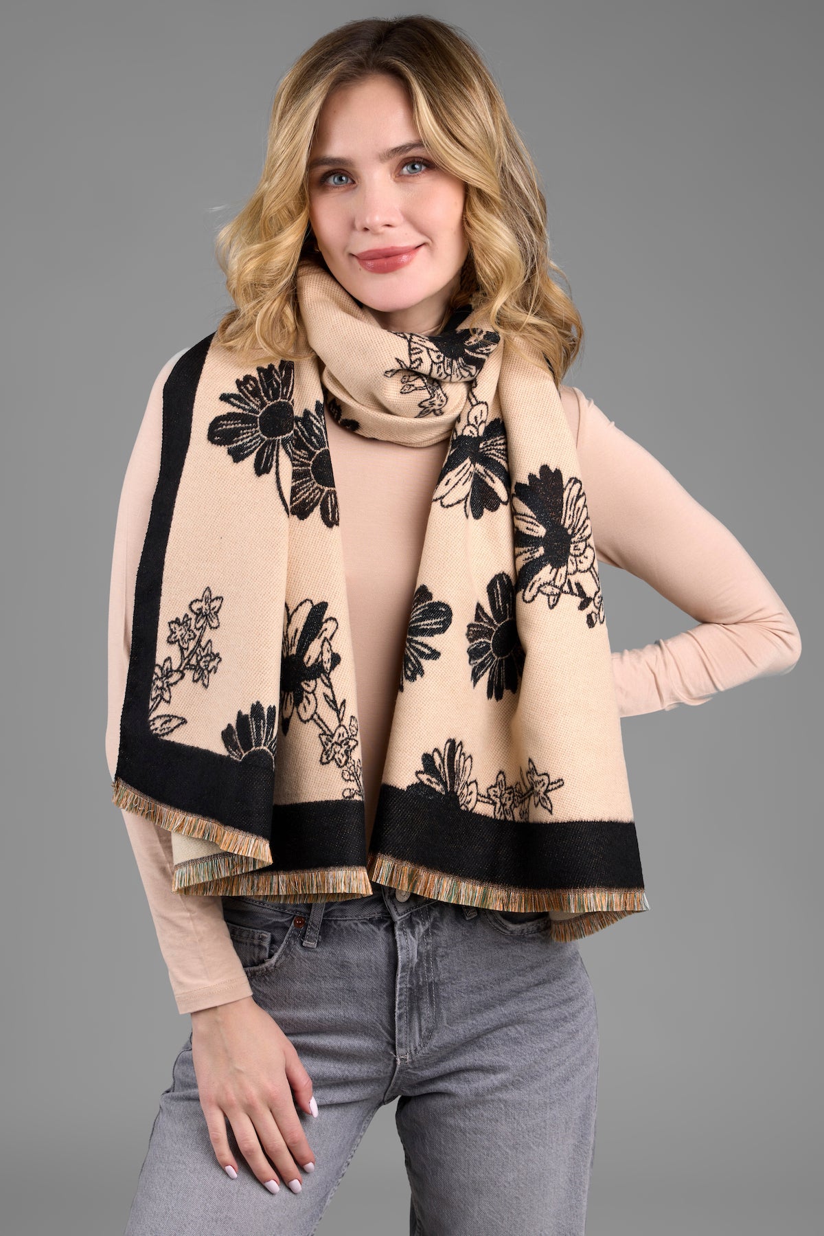 Floral Daisy Reversible Scarf - Lightweight Womens Fashion Accessory for Spring & Summer Outfits - Perfect for Office, Travel and Casual Wear