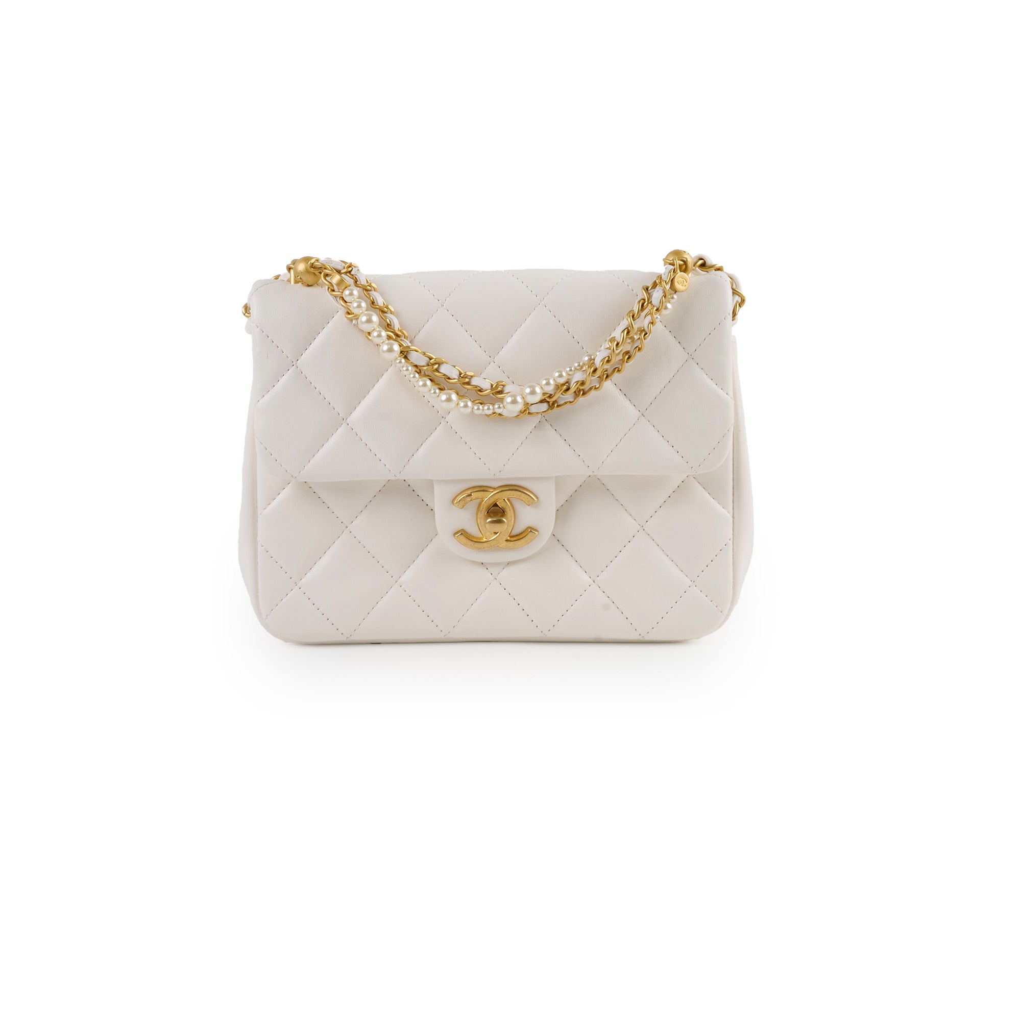 Chanel Square Seasonal Pearl Flap Bag in White Lambskin Leather with Microchip - Luxury Designer Handbag for Women, Perfect for Parties, Weddings & Special Occasions