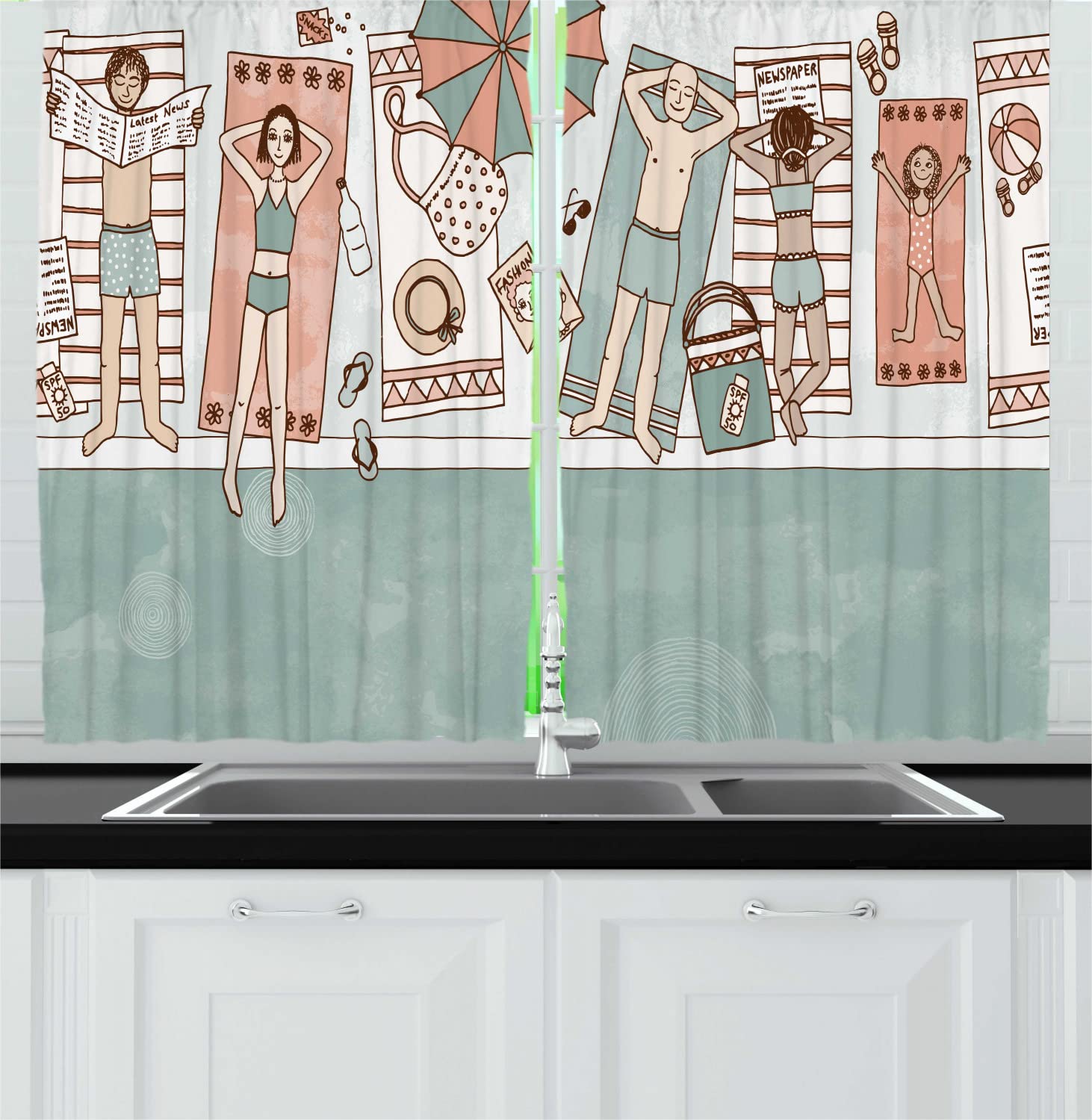 Ambesonne Summer Long Kitchen Curtains - Sunbathing by The Pool Beach Holiday Design, 2 Panel Rod Pocket Drapes 55x45 Inches, Pale Teal & Coral - Perfect for Beach House, Poolside Cabana & Coastal Kitchen Decor
