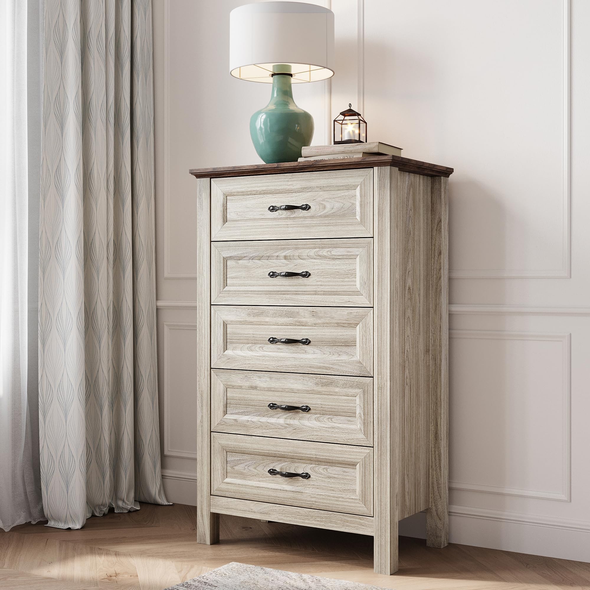 LINSY HOME 5-Drawer Dresser for Bedroom - Solid Wood Chest of Drawers with Farmhouse Style - Tall Storage Organizer for Clothes, Bedding & Accessories - Perfect for Bedroom, Closet, Living Room & Hallway Organization