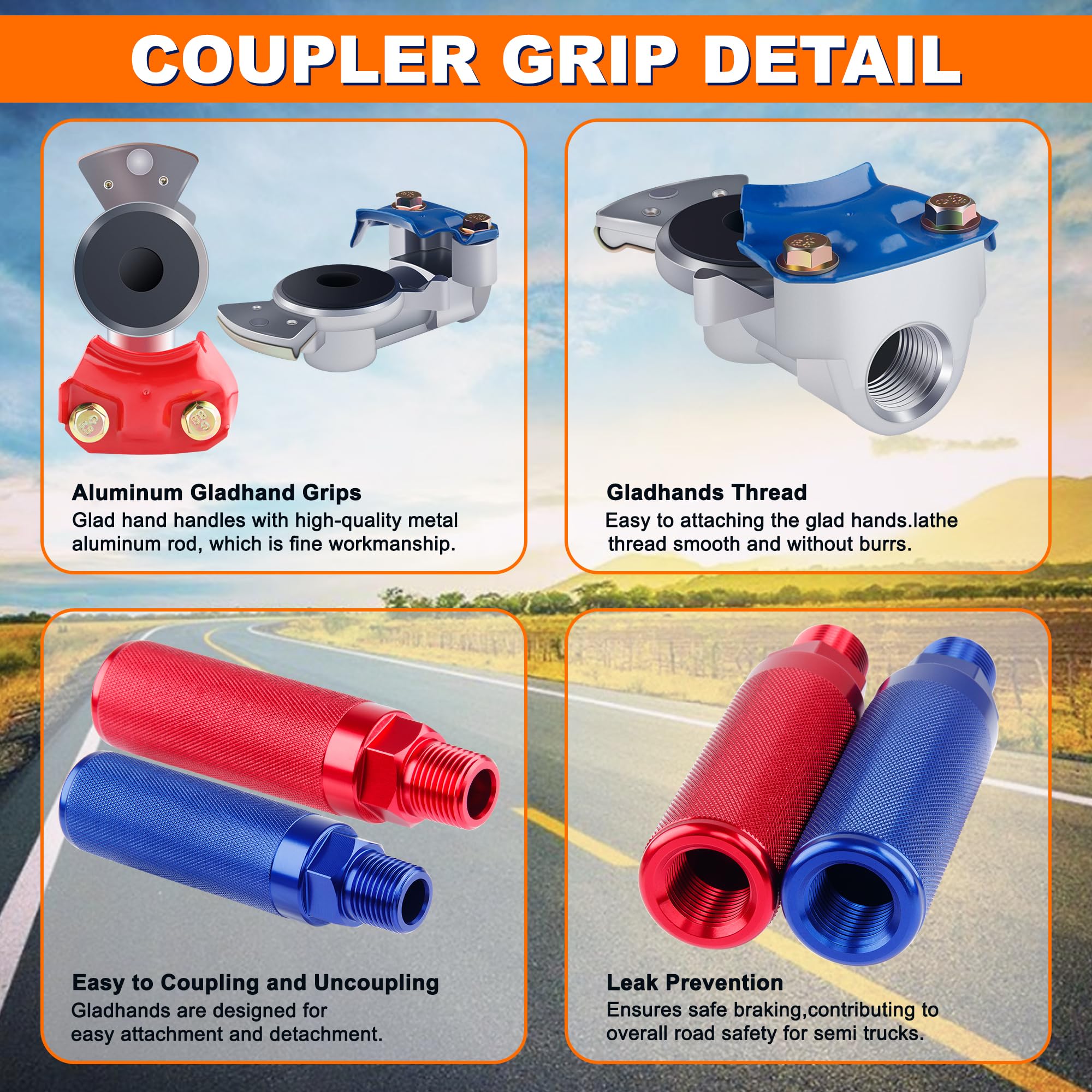 15FT Air Brake Line Hose Kit for Semi Trucks & Trailers - Durable Aluminum Extension Handles & Emergency Glad Hands - Color-Coded Rubber Air Brake Hose Assembly - Perfect for Tractor, Trailer & Heavy-Duty Vehicle Maintenance
