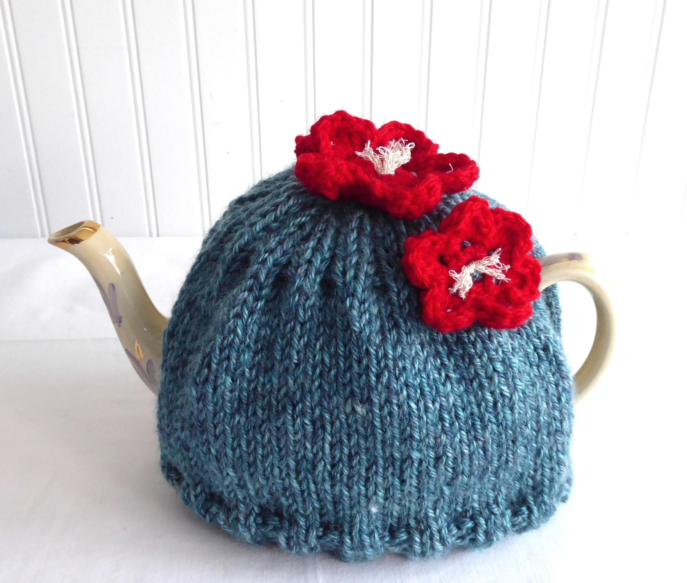 Hand Knitted Medium Stretchy Tea Cozy - Applied Flowers Teal Heather - US Artisan Made - Perfect for English Tea Parties & Cozy Afternoons