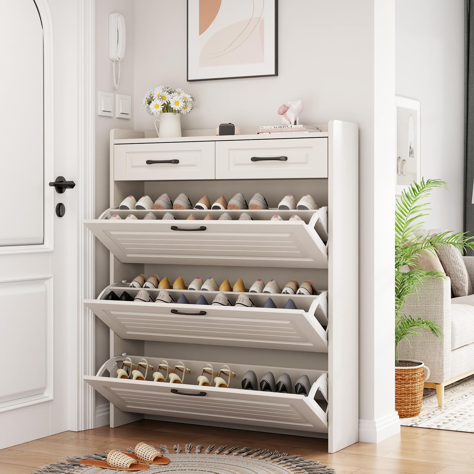 White 4-Tier Slim Flip Down Shoe Storage Cabinet with Drawer - Narrow Hidden Shoe Organizer for Entryway, Hallway & Apartment - Perfect for Small Spaces and Clutter-Free Home Organization