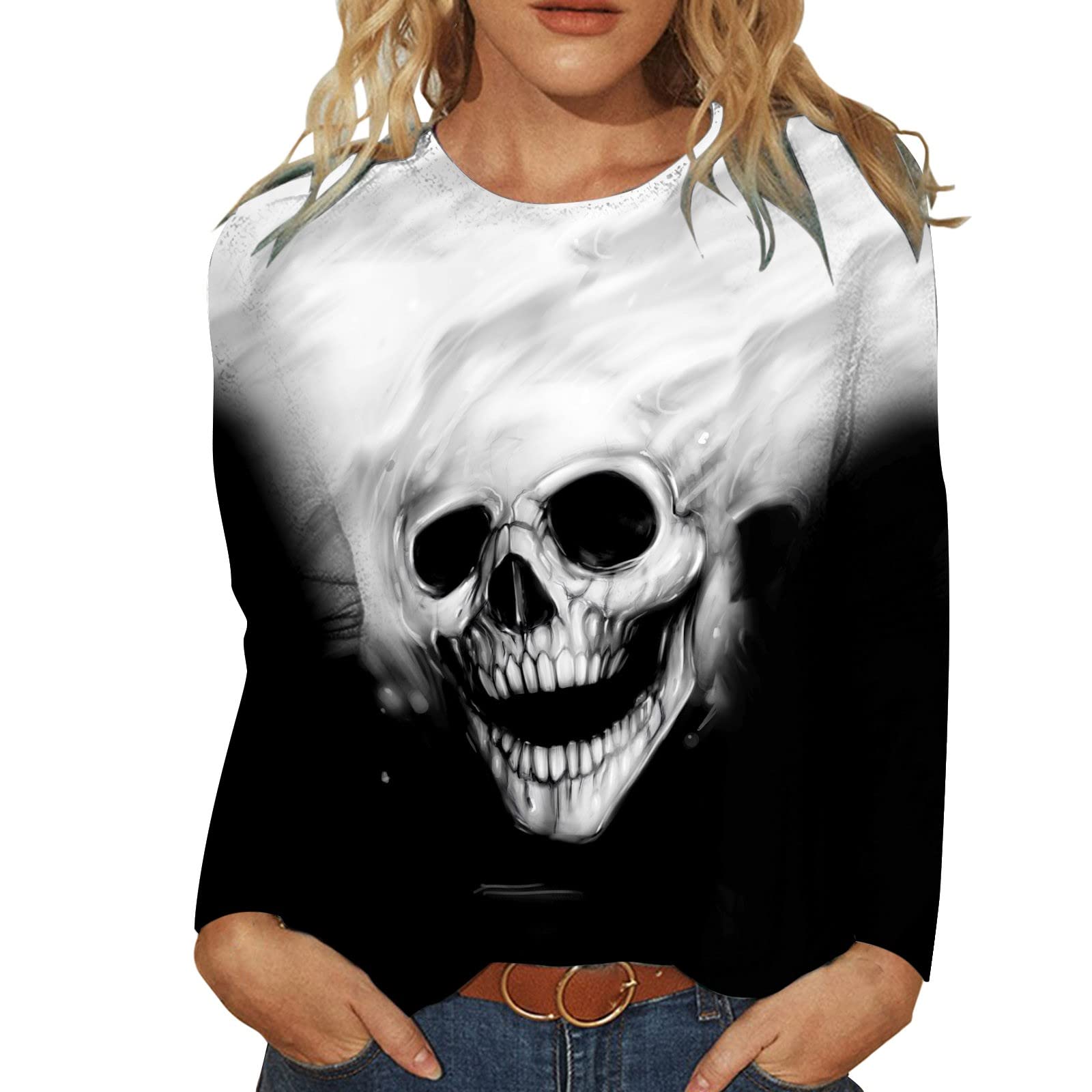 Halloween Women's Long Sleeve Colorblock Printed Raglan T-Shirt - Casual Summer Top (White, XXL) for Costume Parties, Trick-or-Treating & Seasonal Festivities