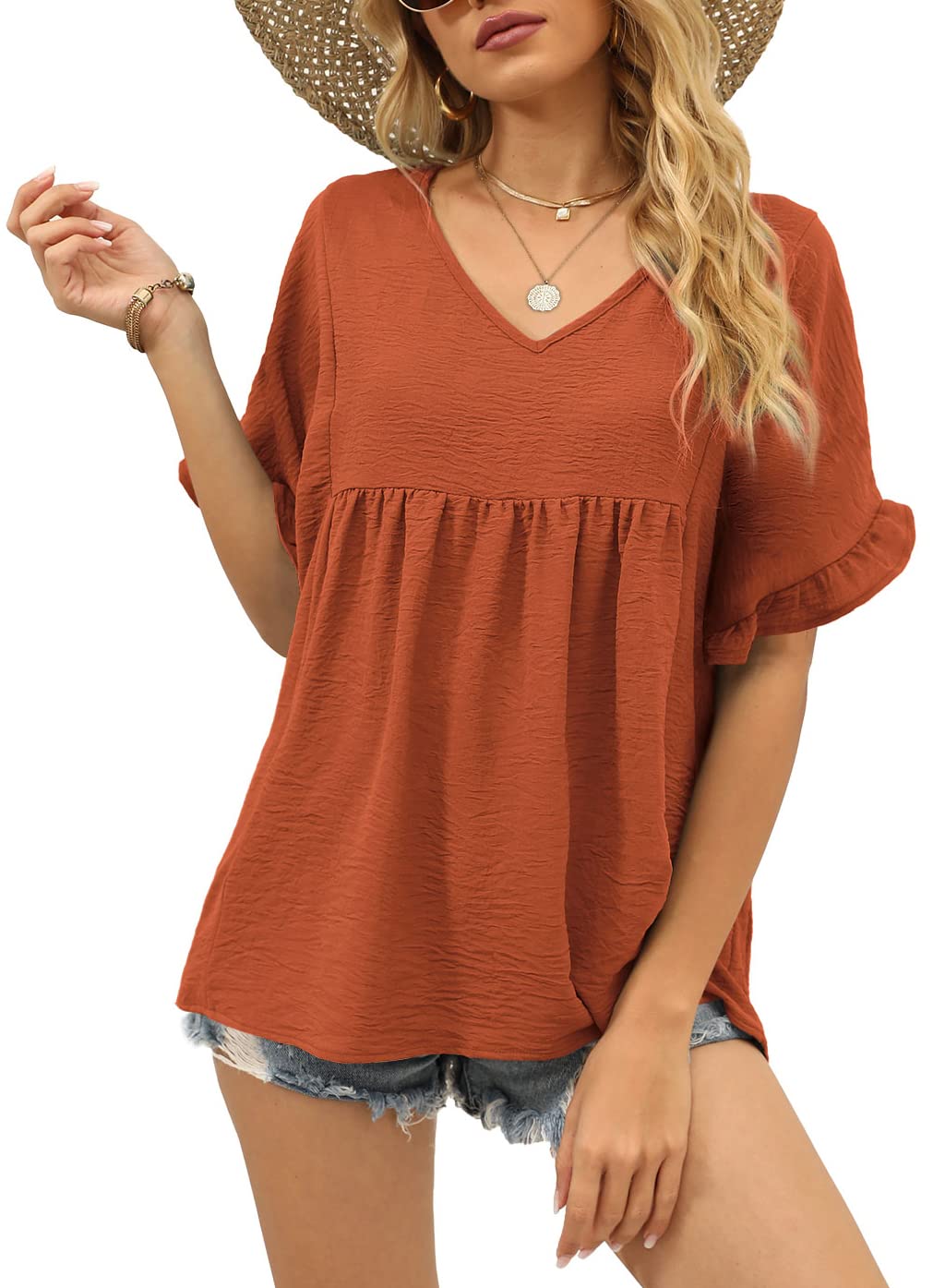 WIHOLL Women's Casual V-Neck Ruffle Sleeve T-Shirt - Loose Fit Babydoll Peplum Top for Everyday Wear, Office & Date Nights