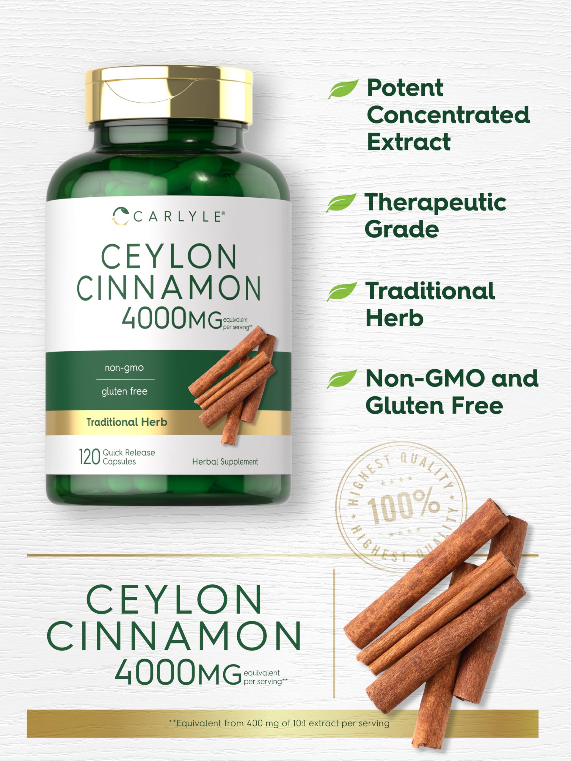 Carlyle Ceylon Cinnamon 4000mg Capsules | 120 Count | Non-GMO, Gluten Free Dietary Supplement | Supports Blood Sugar & Heart Health | Perfect for Daily Wellness Routine