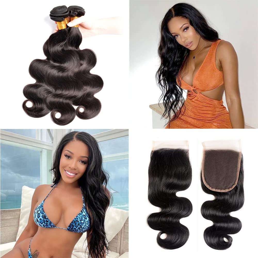 Brazilian Body Wave Human Hair Bundles with 4x4 Lace Closure - 3 Bundles (14 16 18+12 Inches) 100% Unprocessed Virgin Hair for Natural Look - Perfect for Sew-in Weaves, Wig Making & Everyday Styling