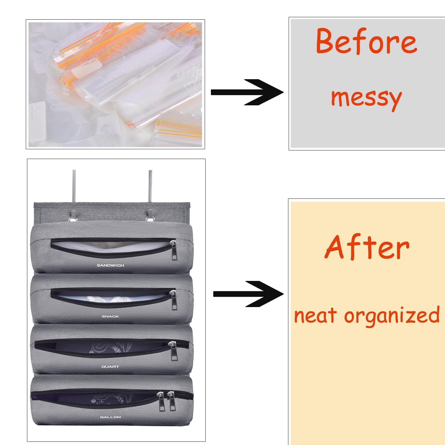 Plastic Zipper Bag Organizer for Gallon, Quart, Sandwich & Snack Food Storage - Kitchen & RV Camper Storage Solution (Grey) | Perfect for Pantry Organization, Camping Trips & Space-Saving Kitchen Storage