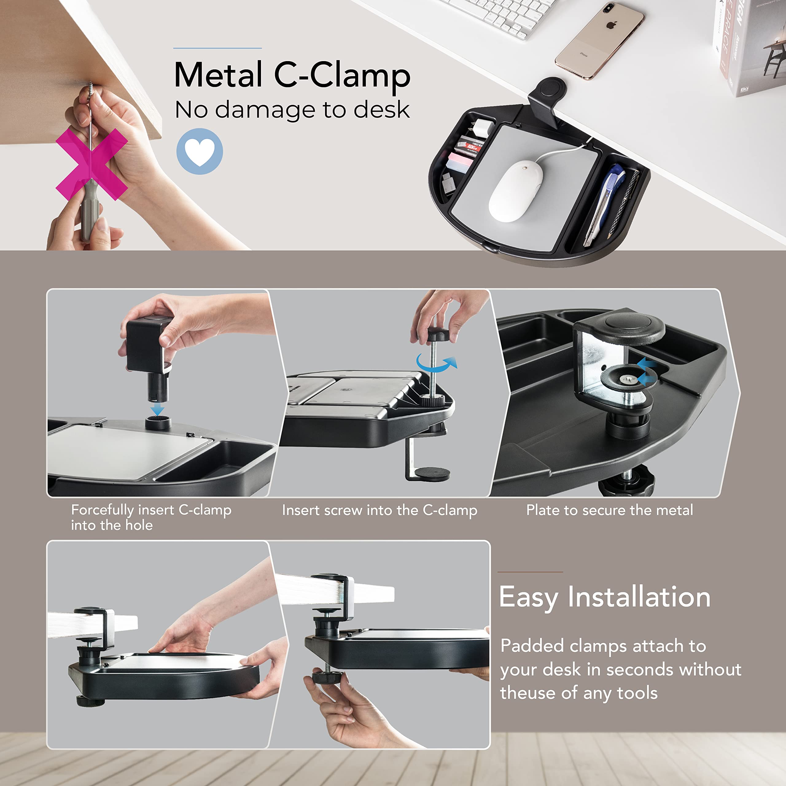 EHO Clamp-On Desk Organizer - Multifunctional Under Desk Storage with Pencil Holder, Mouse Pad & Swivel Design | Spill-Proof & Easy Installation | Reduce Clutter for Home Office & Workspace | TAA-Compliant
