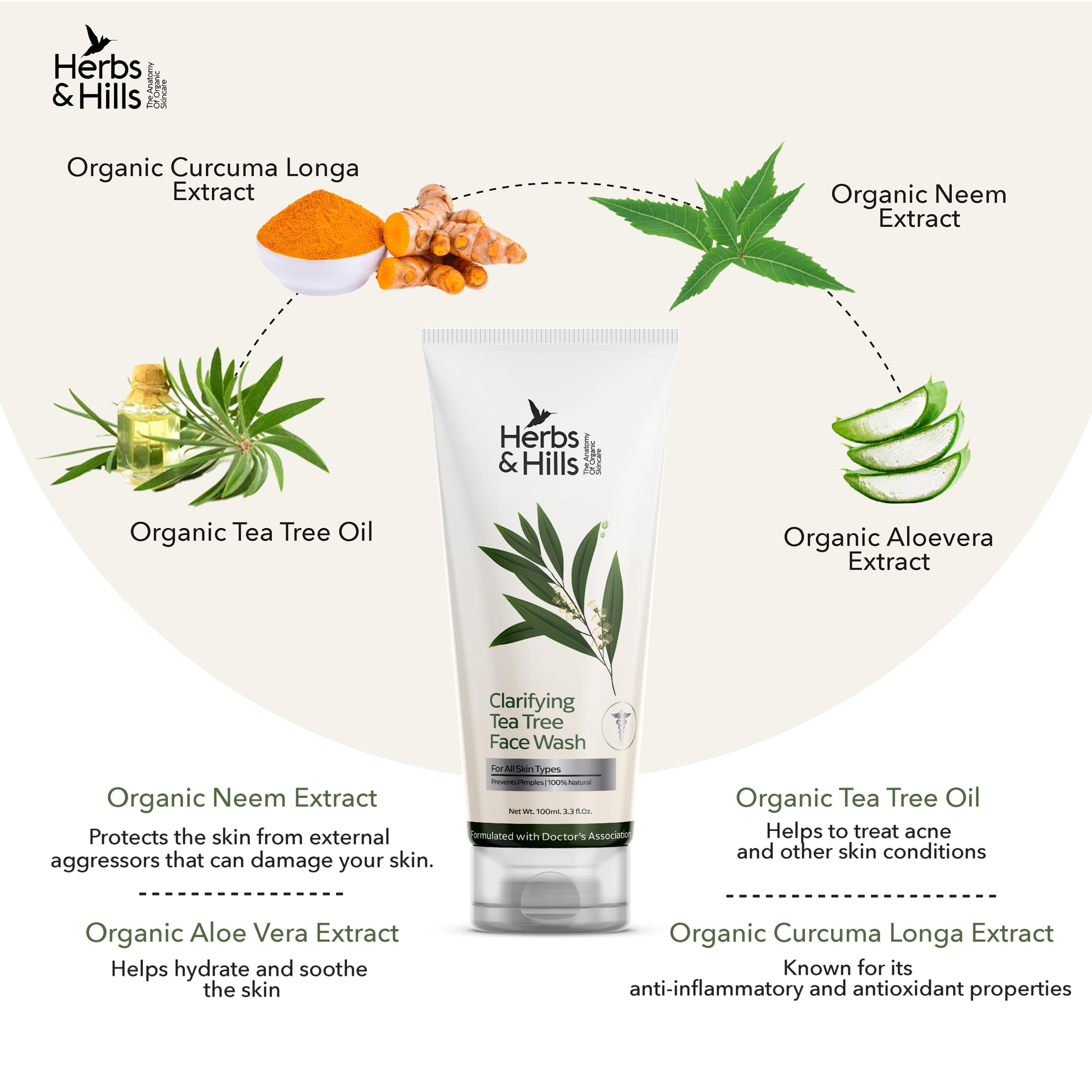Herbs & Hills Clarifying Tea Tree Face Wash 100ml - Organic & Natural Anti-Acne Cleanser for Oily Skin | Helps Clear Excess Oil, Remove Impurities & Prevent Breakouts | Soothes Skin Irritation | Perfect for Daily Skincare Routine & Acne-Prone Skin Care