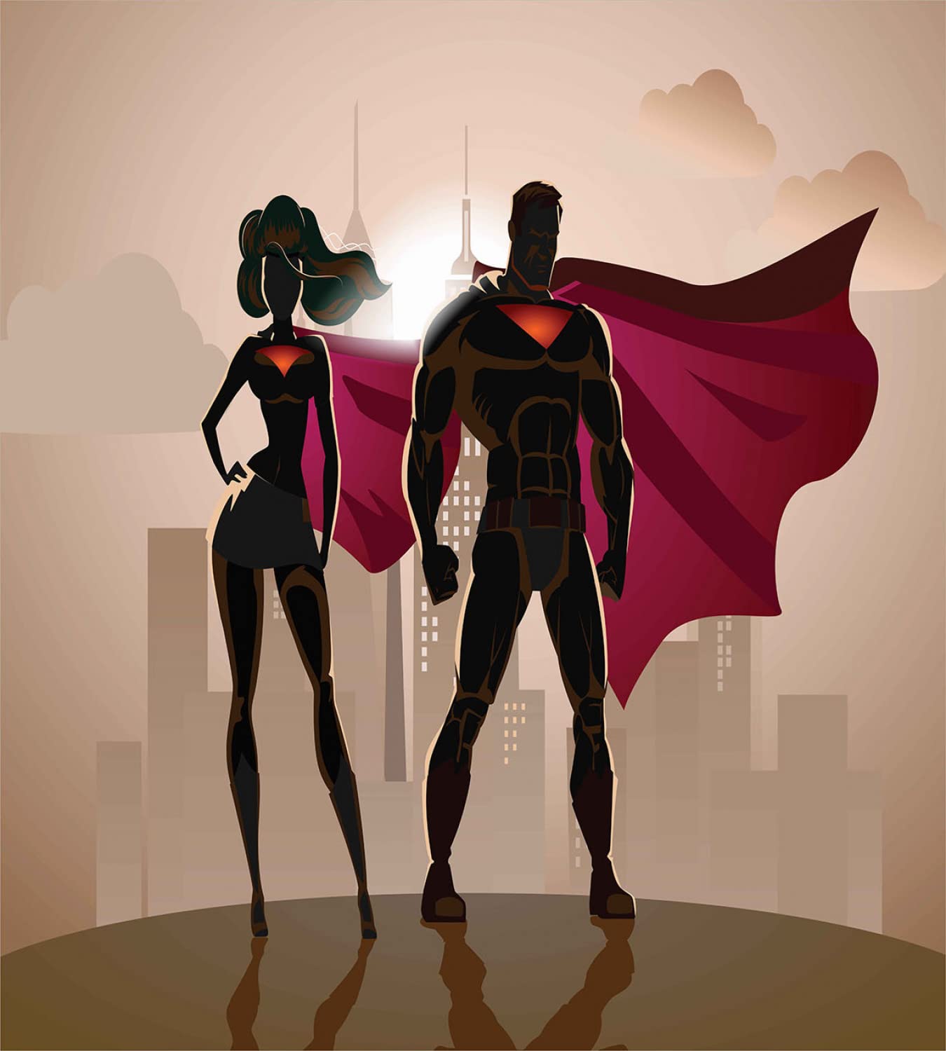 Ambesonne Superhero Duvet Cover Set - Superwoman & Superman Crime-Fighting Couple in Cityscape Design, 2-Pack California King Size Bedding Set with 4 Pillowcases (Beige/Brown) - Perfect for Comic Book Lovers' Bedrooms & Superhero Themed Decor